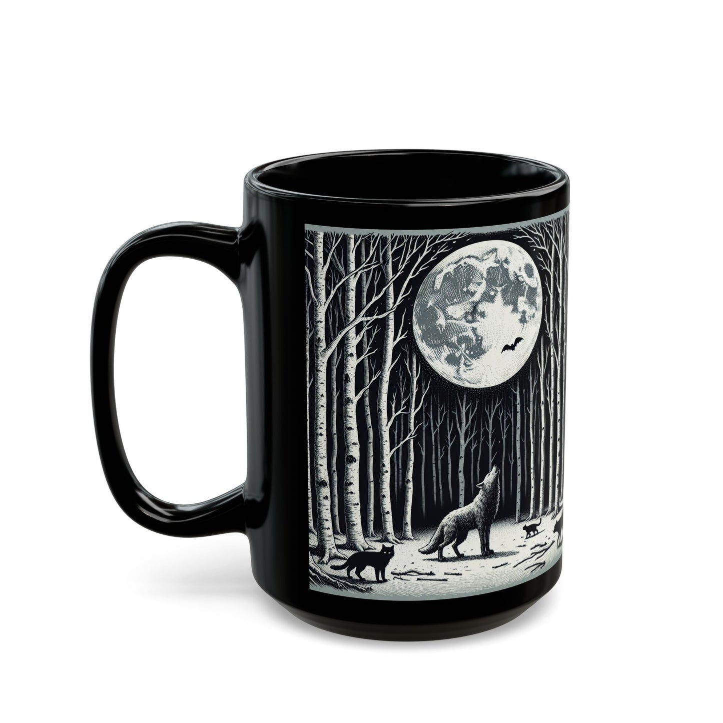 Mystical Moonlit Forest Mug with Wolf and Black Cat, Black Coffee Cup, Forest Lovers Gift, Perfect for Halloween