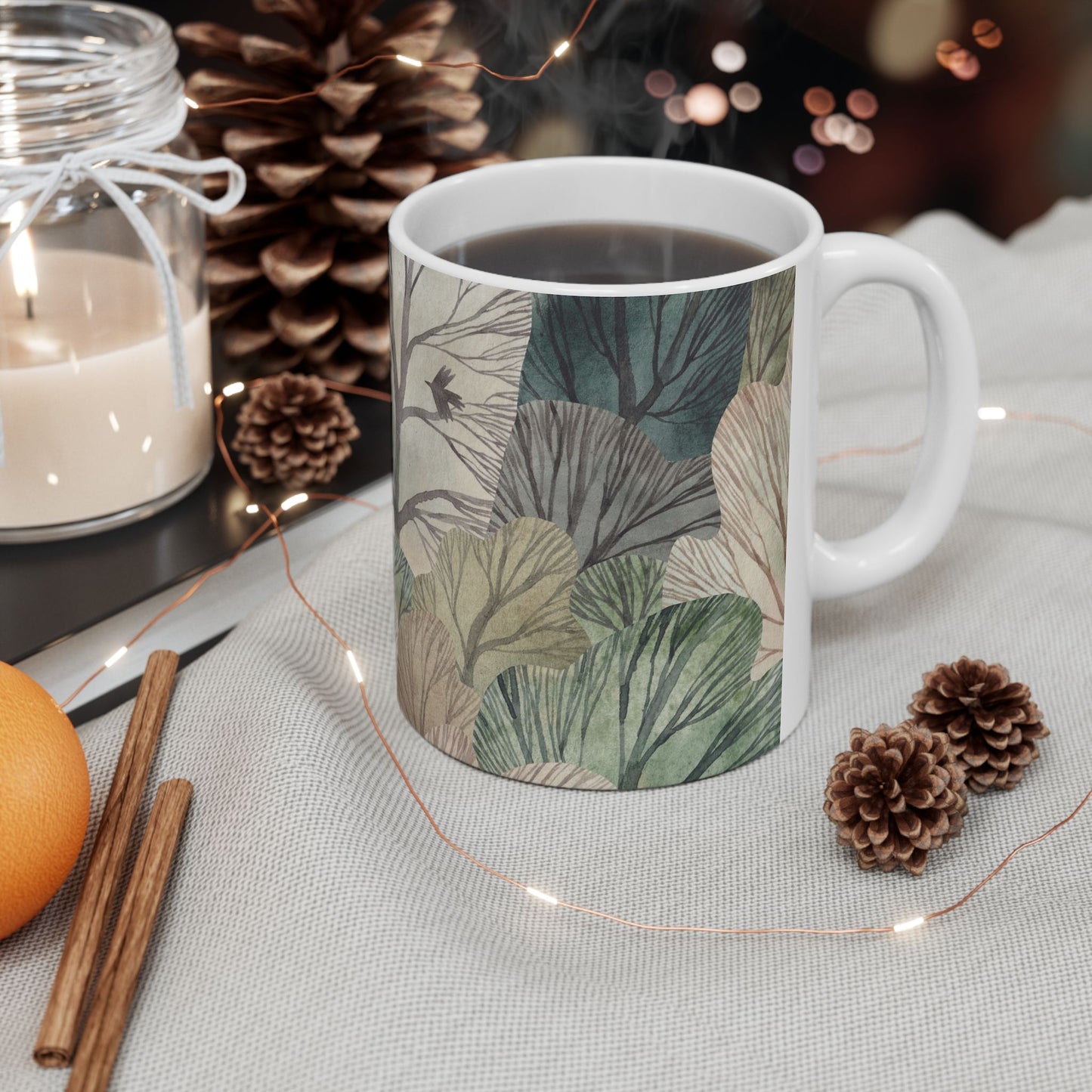 Whimsical Forest Ceramic Mug, Woodland Leaves in Muted Green, Gray and Cream, Cozy Nature Coffee Cup, 11oz & 15oz