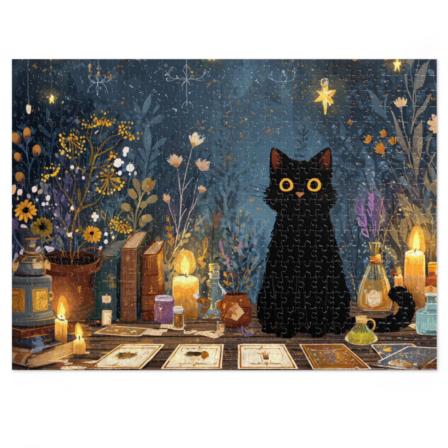 Enchanted Black Cat Puzzle with Tarot, Candles, and Spellbinding Herbs in A Gift Tin. Gift for Cat lovers, Halloween Gift Puzzle