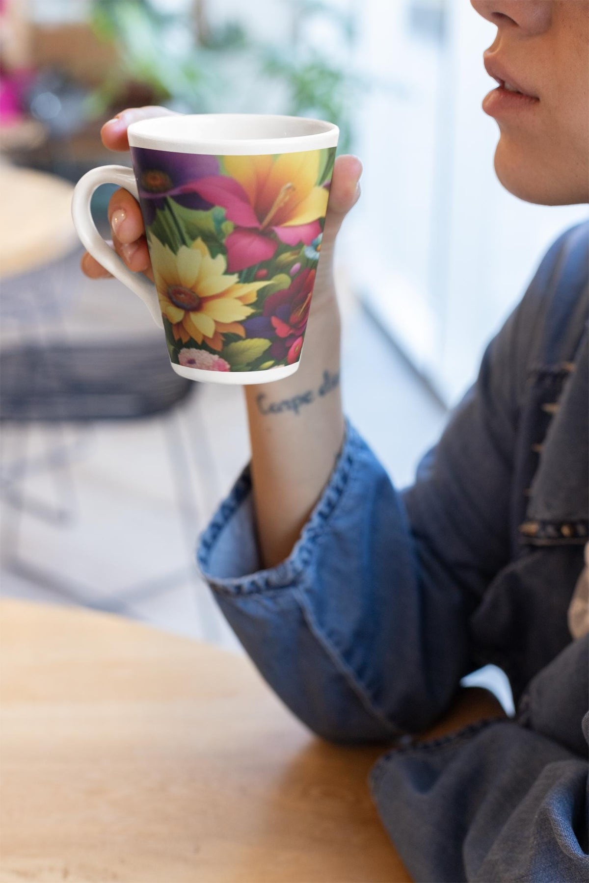 Floral Latte Mug, Bright Colorful 12 oz Coffee Cup with Pink, Yellow, Gift for Flower Lovers, Gift for Coffee Lovers, 12 oz Mug