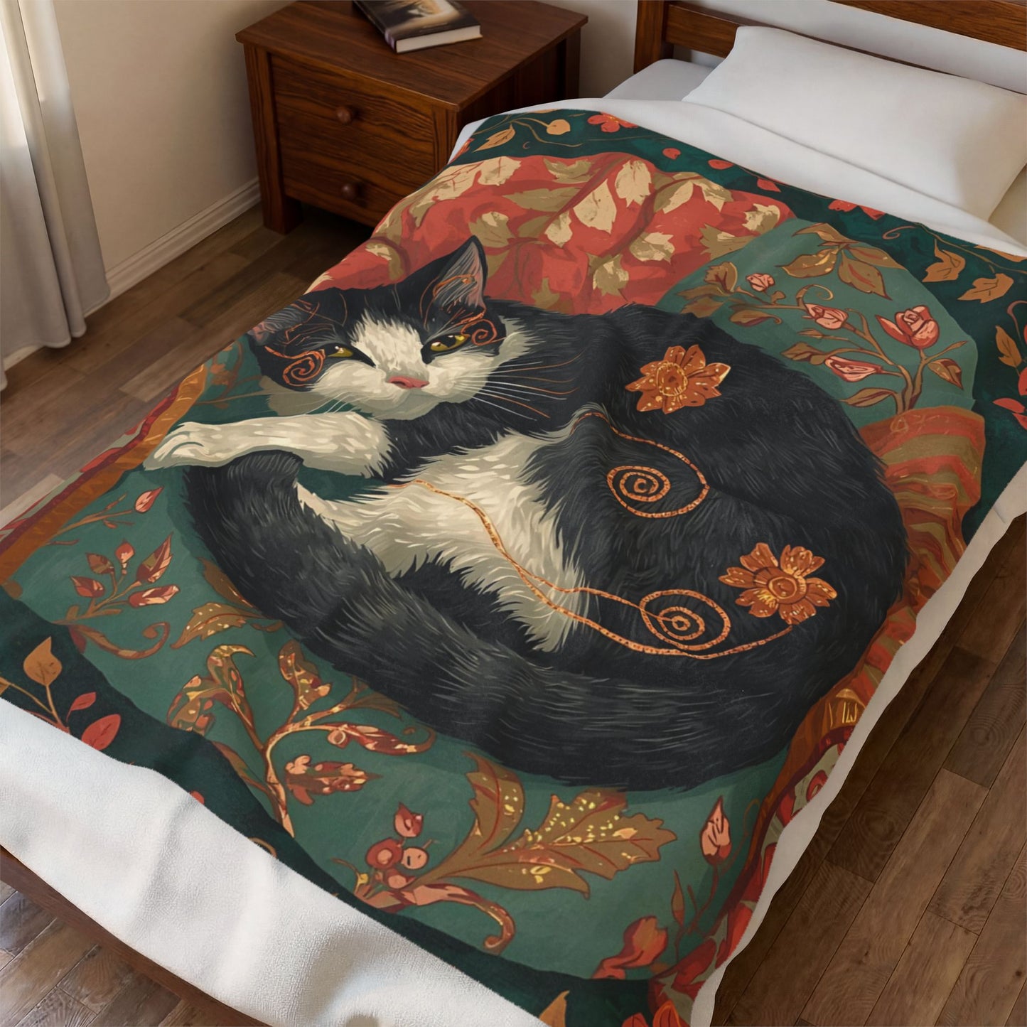 Whimsical Cat on Cozy Chair Velveteen Plush Blanket | Fall Home Decor | Soft Warm Throw | Cozy Cat Lover Gift | Autumn Aesthetic Blanket