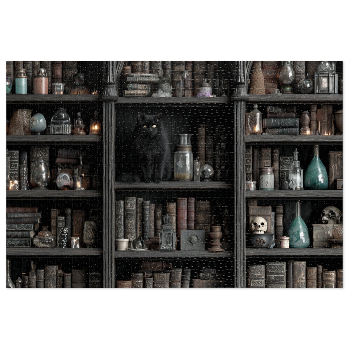 Witchs Shadowy Library Puzzle with a Black Cat, Spellbooks and Enchanted Tomes, Jigsaw Puzzle with tin,  Halloween Gift Idea