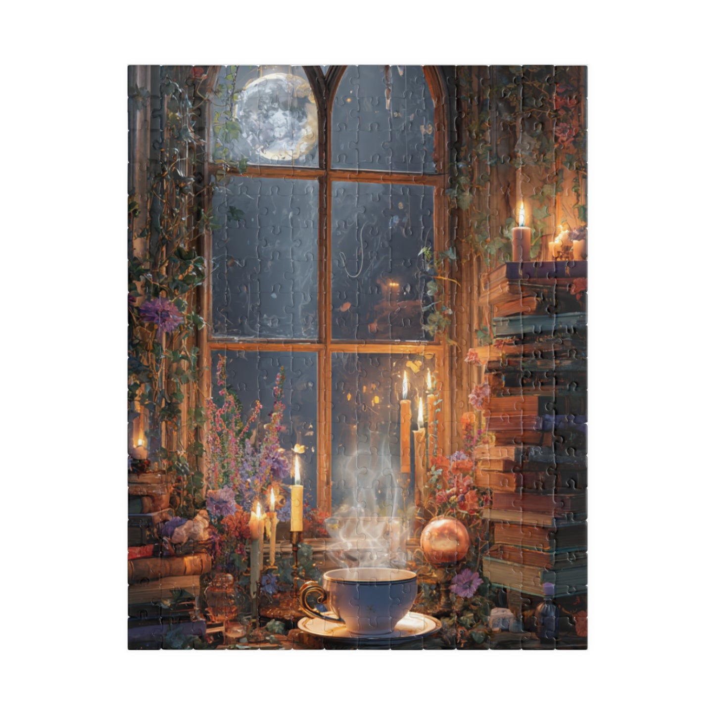 Moonlit Witchs Den Puzzle with Spellbooks, Herbal Remedies and Candlelit Magic Jigsaw Puzzle, Witchy Puzzle, Halloween Puzzle