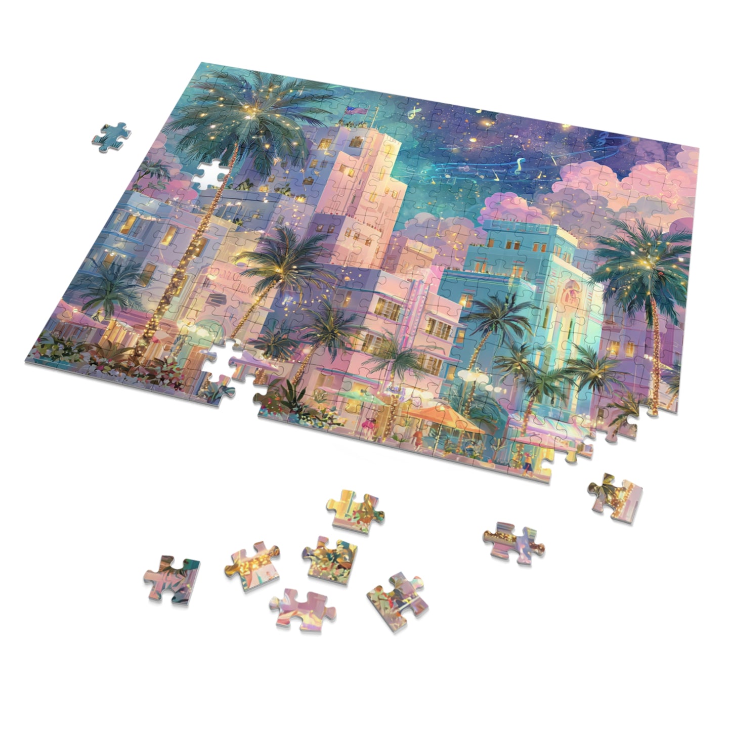 Whimsical Miami Puzzle – Colorful Tropical Cityscape-Jigsaw Puzzle with Tin