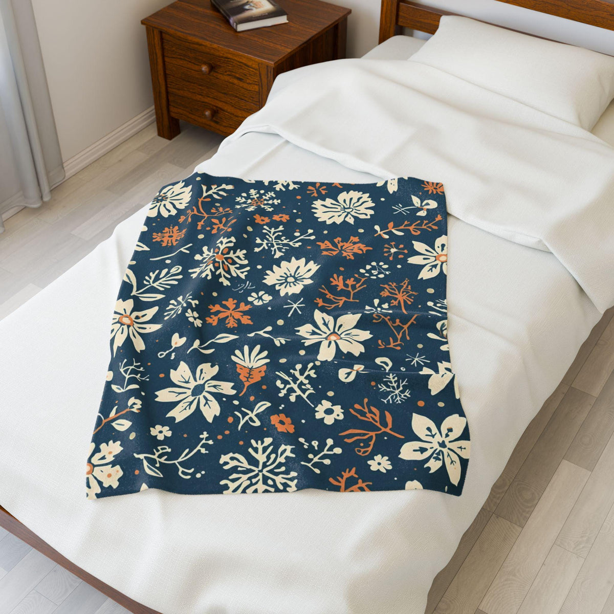 Navy Blue Snowflake Floral Velveteen Plush Blanket | Burnt Orange & Cream Winter Throw | Soft Cozy Blanket Gift Elegant Hygge Home Decor