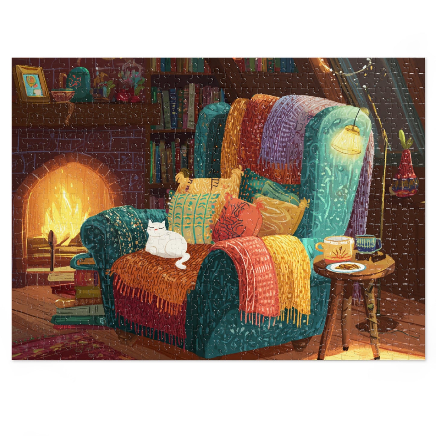 Colorful Cozy Armchair With A White Cat and Fireplace Jigsaw Puzzle with Tin – 500-Piece Relaxing Reading Nook Scene