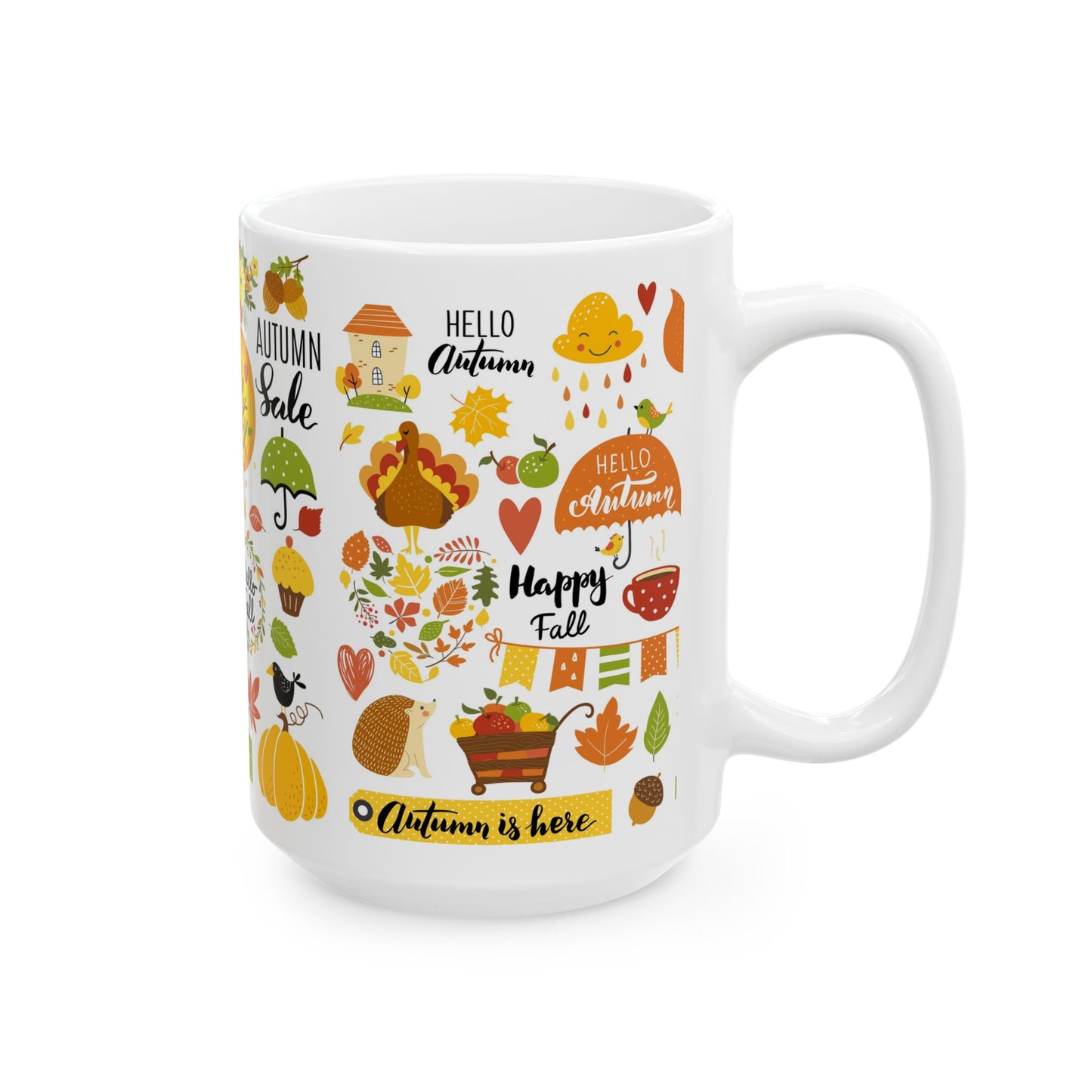 Autumn Is Here Ceramic Mug — Fall Leaves, Fox & Pumpkin Coffee Cup (11oz/15oz)