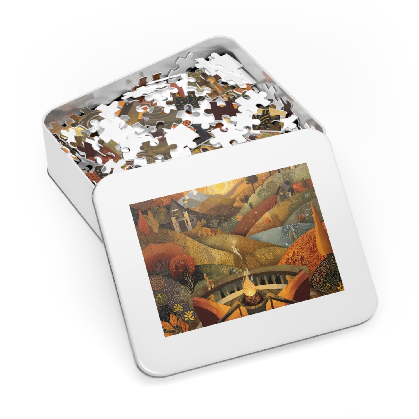 Autumn Fireside Puzzle — 500-Piece Scenic Jigsaw with Tin