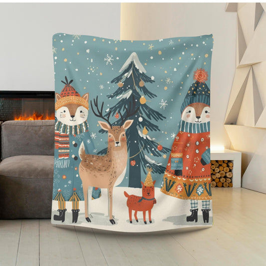 Whimsical Winter Animals Sherpa Fleece Blanket | Cozy Snowy Scene Throw | Cute Animals in Sweaters | Soft Plush Blanket Gift