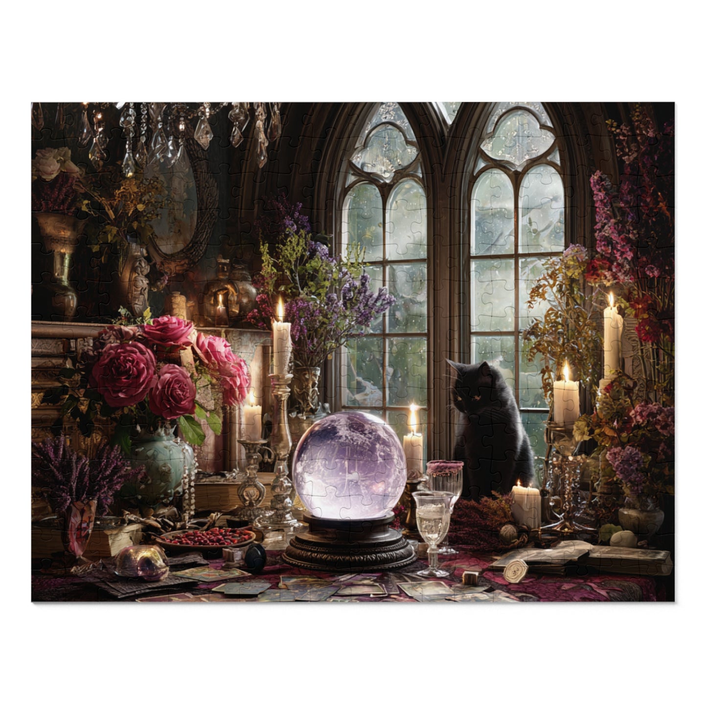 Witchs Enchanted Chamber Puzzle with a Black Cat, Crystal Ball & Tarot Magic with a Gift Tin, Halloween Activity
