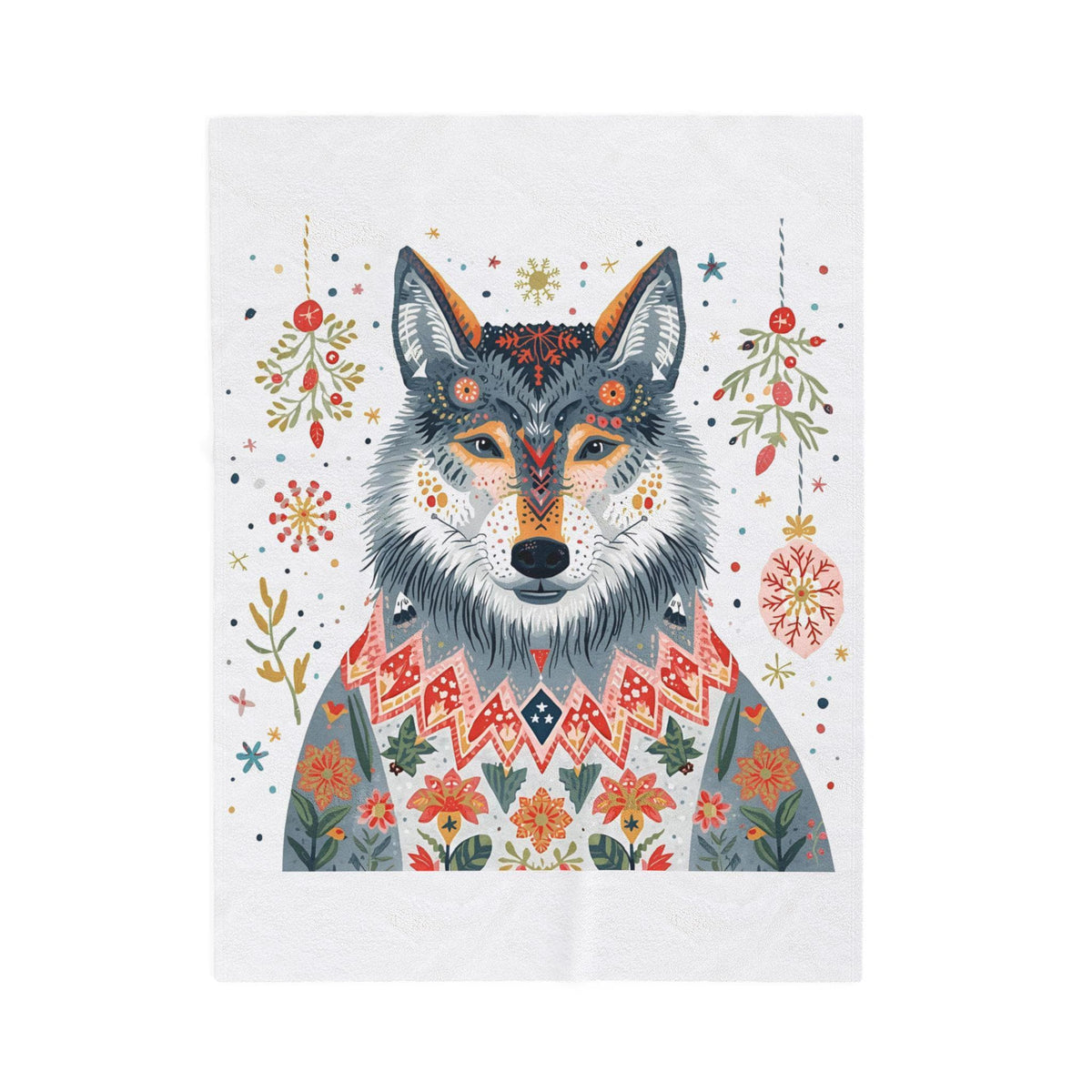 Whimsical Holiday Wolf Sherpa Fleece Blanket | Cozy Winter Throw | Soft Plush Christmas Blanket| Cute Wolf in Sweater | Festive Home Decor