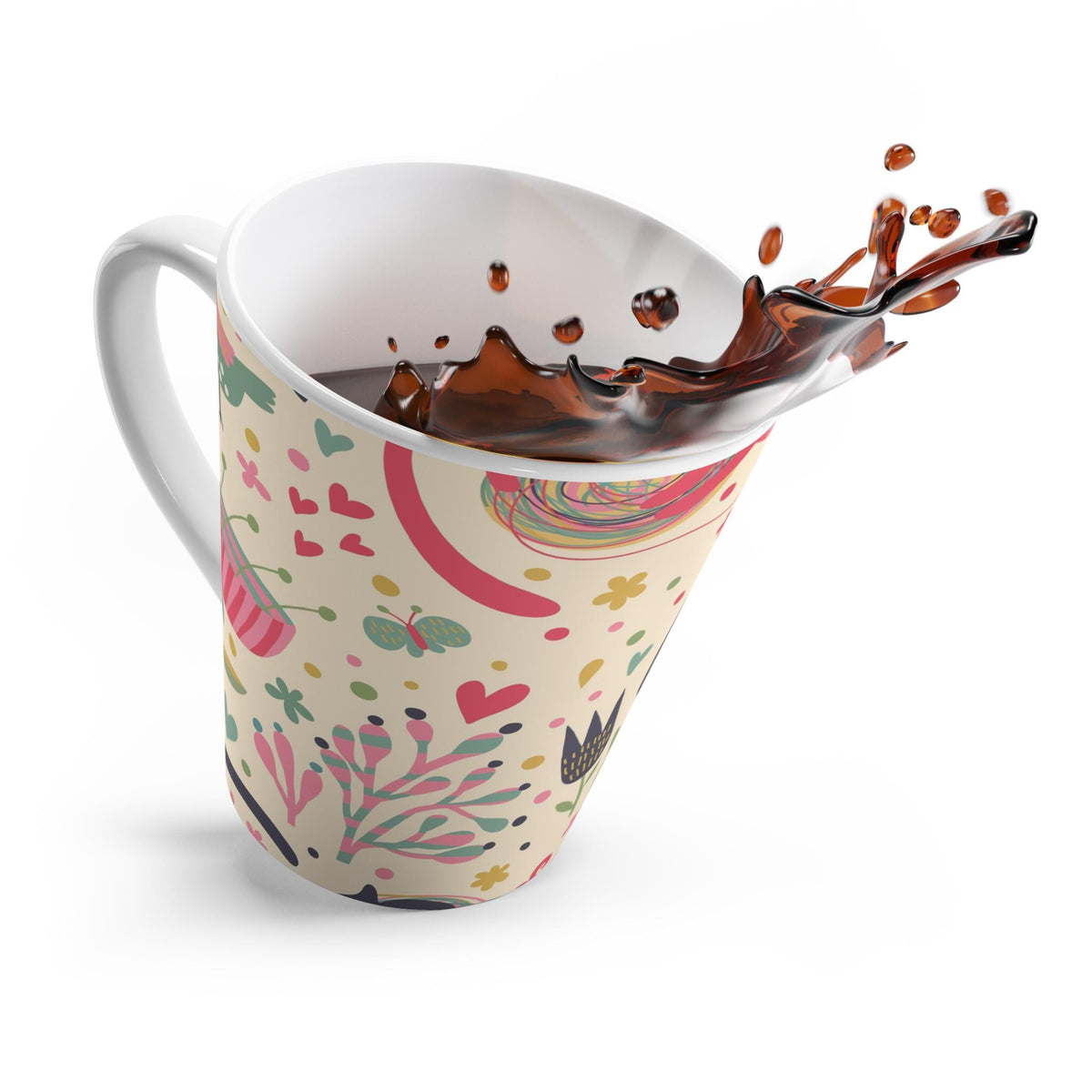 Whimsical Cat Garden Latte Mug - 12oz Colorful Ceramic Mug, Mug for Tea and Coffee Lovers, Orange Cat with Butterflies Mug, Cat Lovers Mug