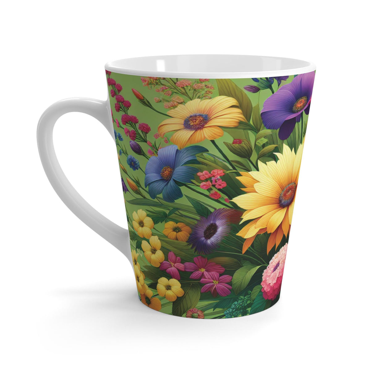 Floral Latte Mug, Bright Colorful 12 oz Coffee Cup with Pink, Yellow, Gift for Flower Lovers, Gift for Coffee Lovers, 12 oz Mug