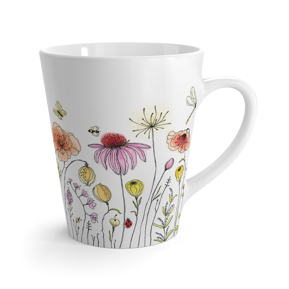 Floral Latte Mug with Bumblebees & Butterflies | Coffee Cup, Tea Mug, Gift for Garden Lovers, Mother's Day Gift, Hand-Illustrated Design
