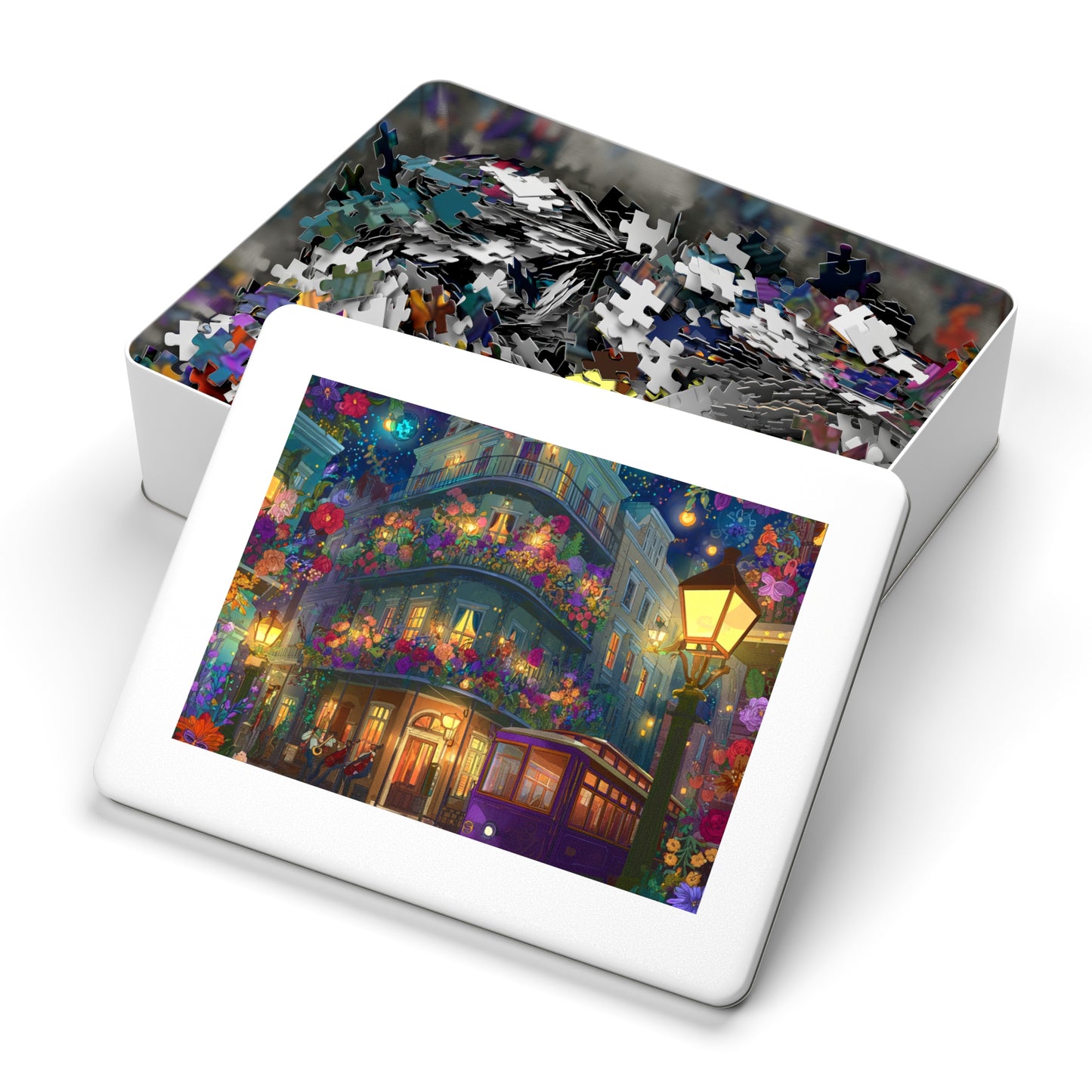Whimsical Floral New Orleans Puzzle – A Colorful French Quarter Adventure Jigsaw Puzzle with Tin
