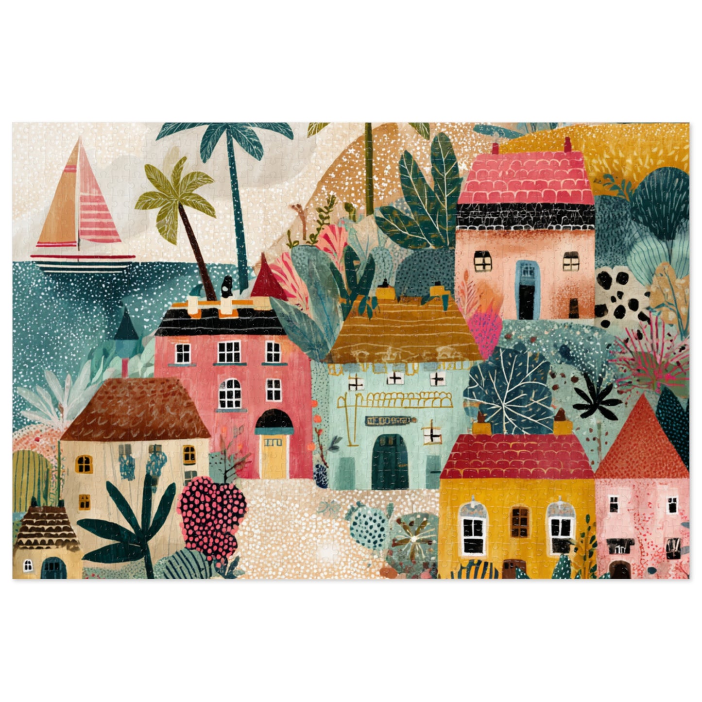 Colorful Coastal Village Jigsaw Puzzle with Tin – Fun Family Activity, Whimsical Folk Art Puzzle, Gift for All Ages