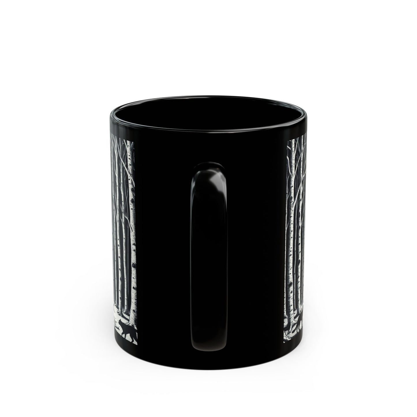 Mystical Moonlit Forest Mug with Wolf and Black Cat, Black Coffee Cup, Forest Lovers Gift, Perfect for Halloween