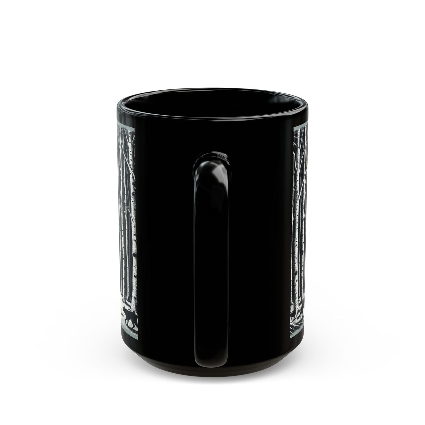 Mystical Moonlit Forest Mug with Wolf and Black Cat, Black Coffee Cup, Forest Lovers Gift, Perfect for Halloween