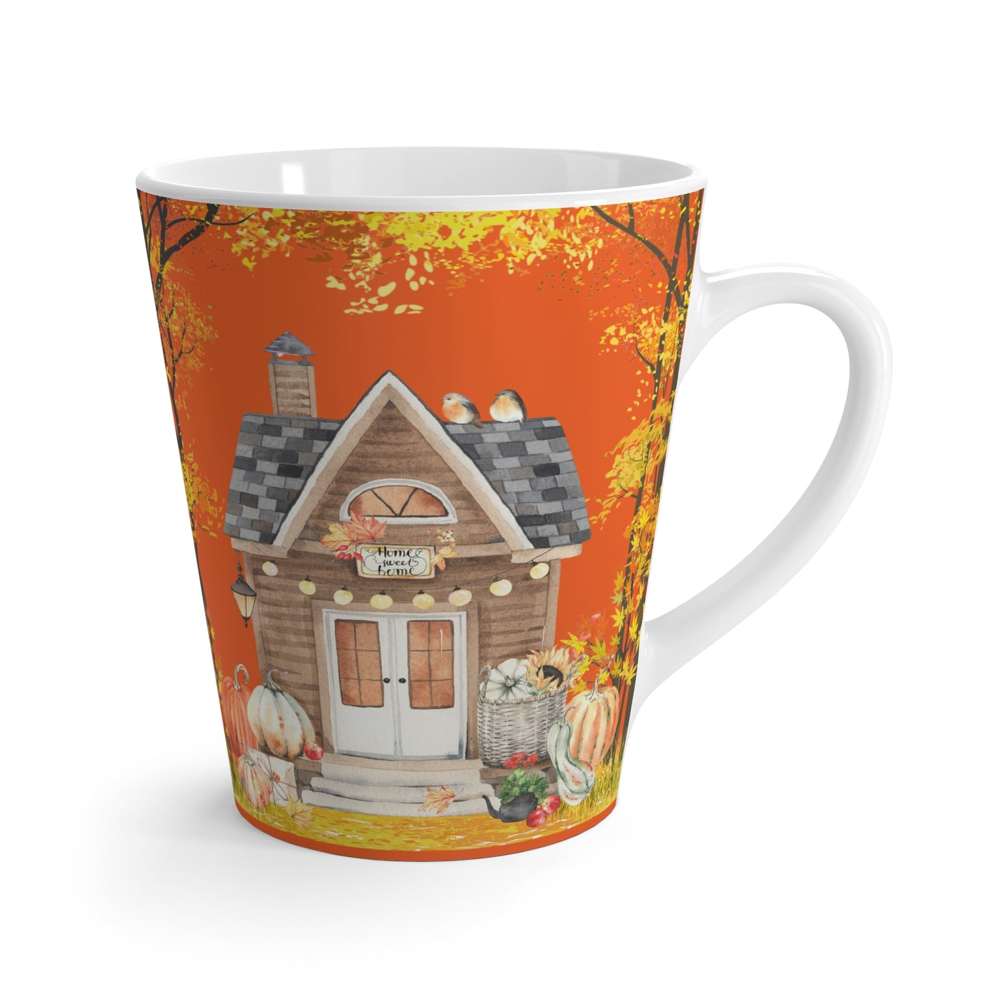 Autumn Cottage Latte Mug (12 oz) | Cozy Fall Coffee Cup | Rustic Cottage Mug | Pumpkin Spice Gift | Jazz N’ Coffee Puzzles