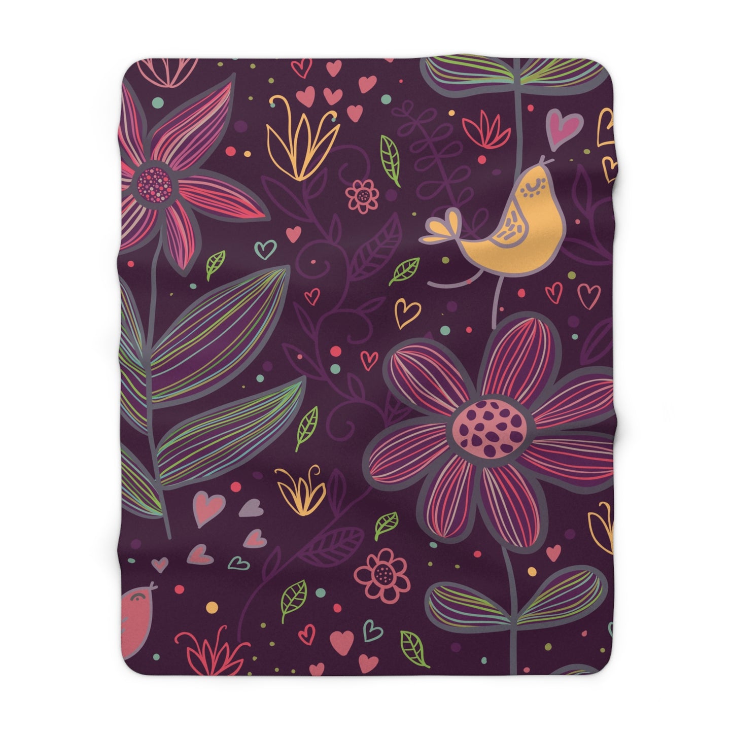 Floral Night Birds Sherpa Fleece Blanket — Cozy Purple Flower & Bird Throw