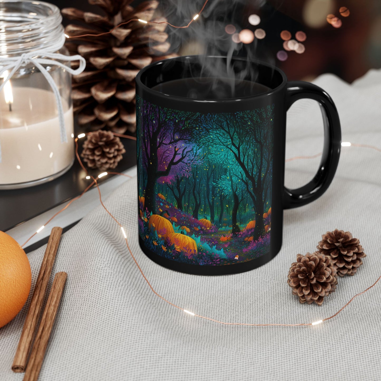 Black Mug with Enchanted Magical Forest, Halloween Coffee Cup, Spooky Autumn Drinkware, 11oz and 15oz