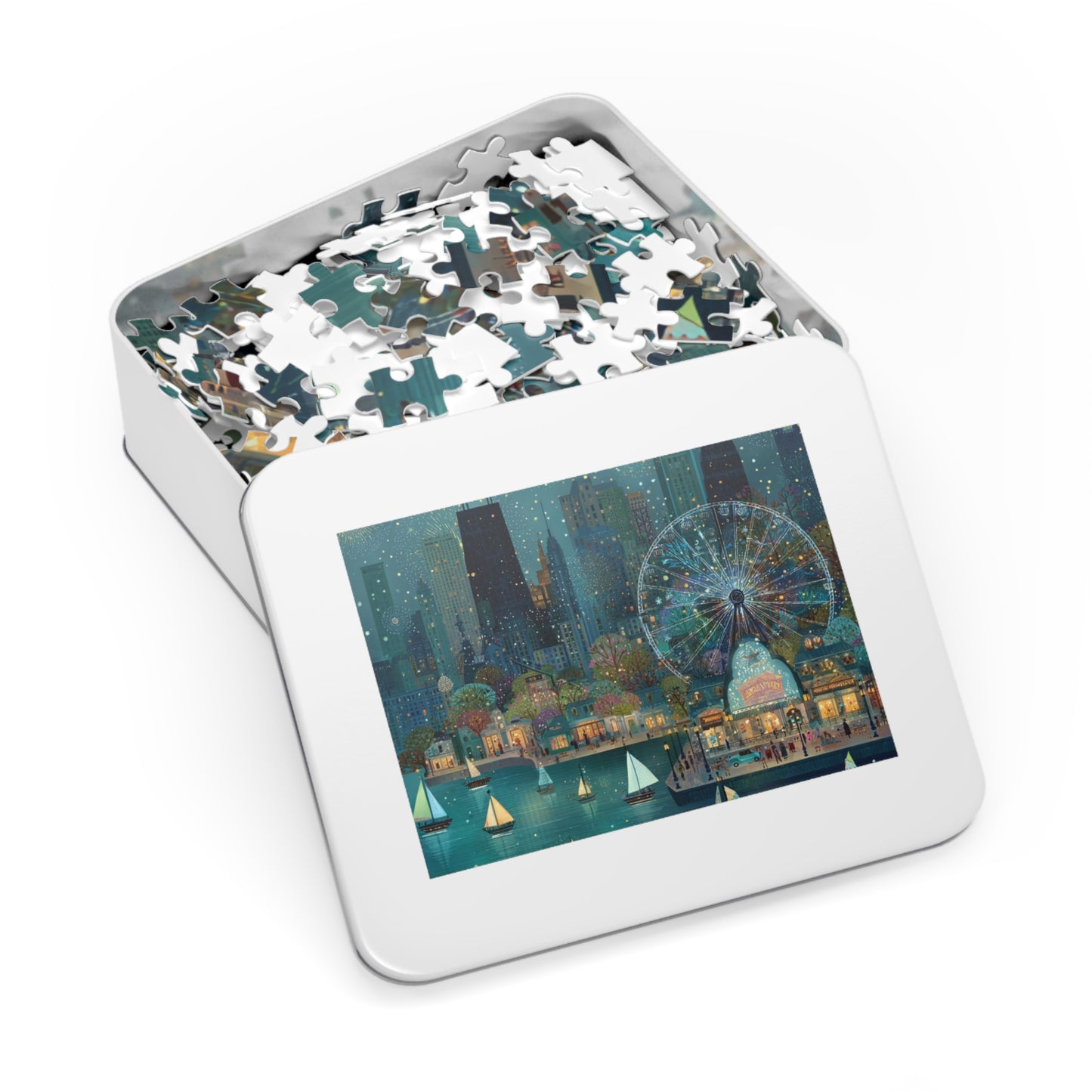 Seattle Waterfront Whimsical Jigsaw Puzzle with Tin