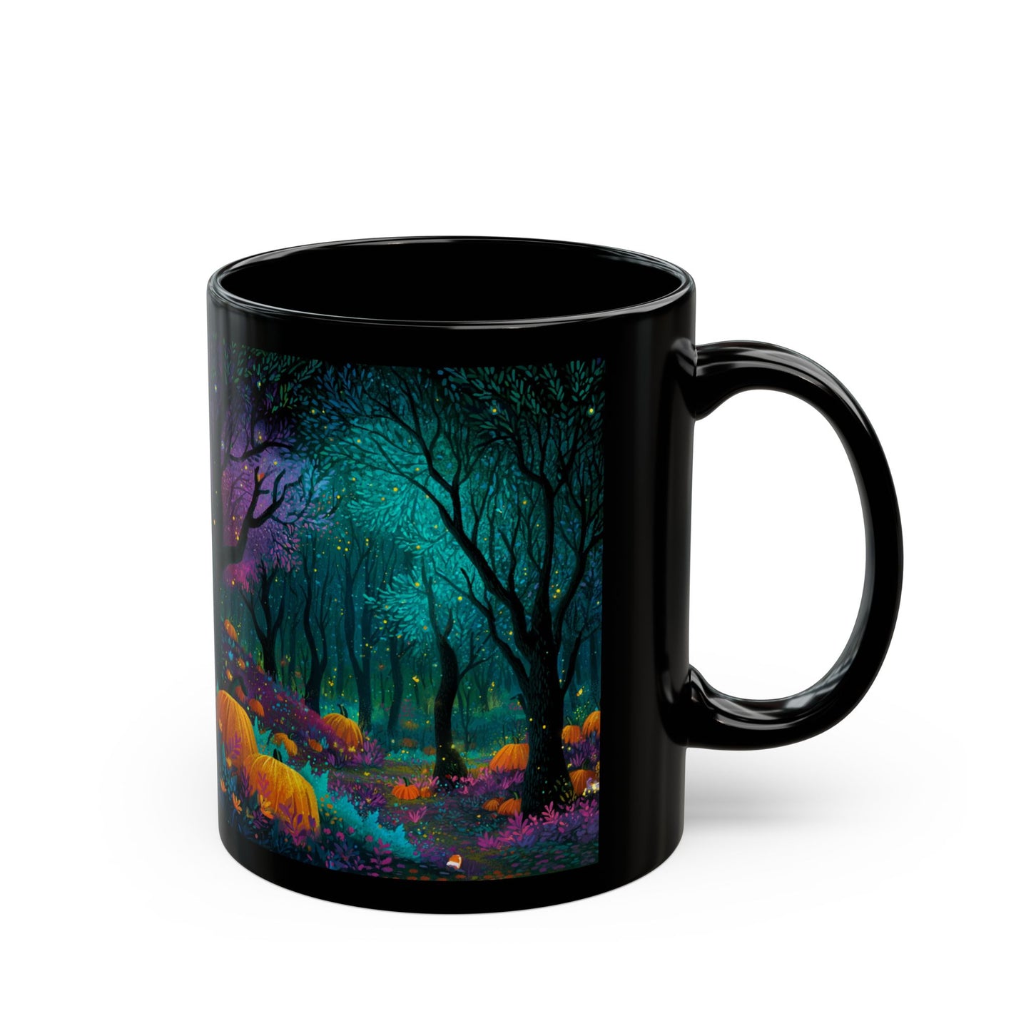 Black Mug with Enchanted Magical Forest, Halloween Coffee Cup, Spooky Autumn Drinkware, 11oz and 15oz