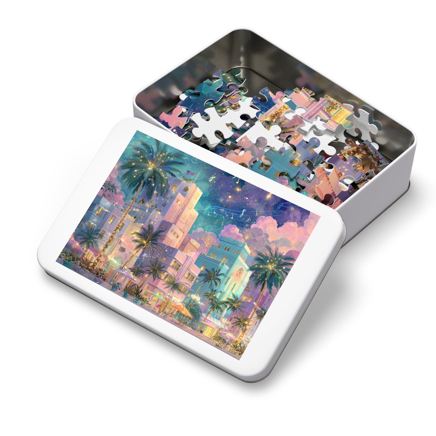 Whimsical Miami Puzzle – Colorful Tropical Cityscape-Jigsaw Puzzle with Tin