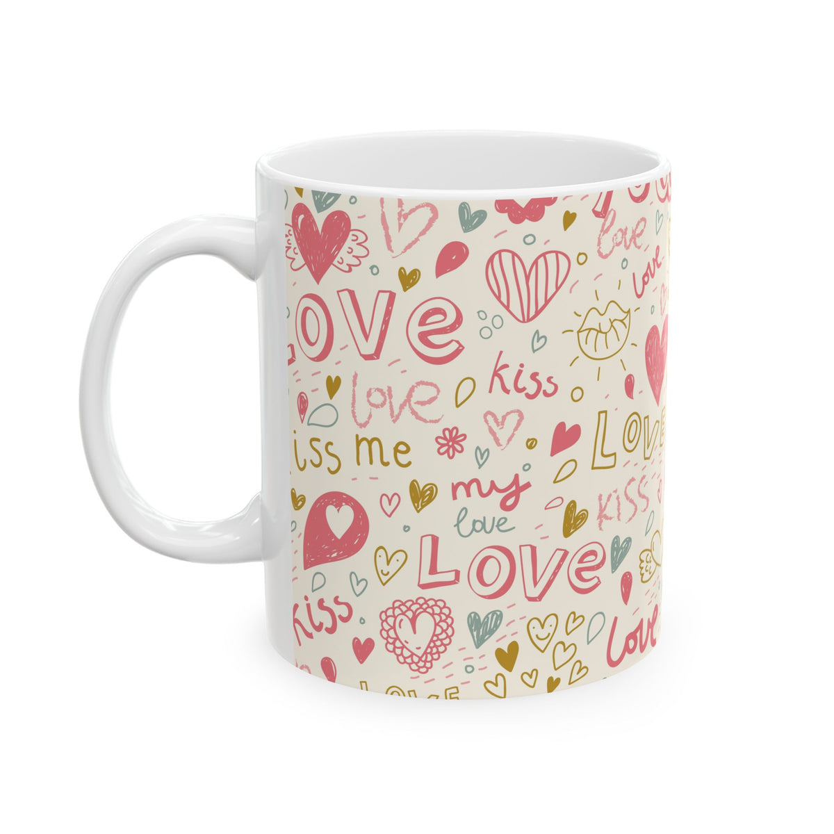 Colorful Love Mug, Hearts and Kisses Coffee Cup, Valentines Day Gift, Romantic Mug for Couples, Gift for Friends, Family, Significant Other