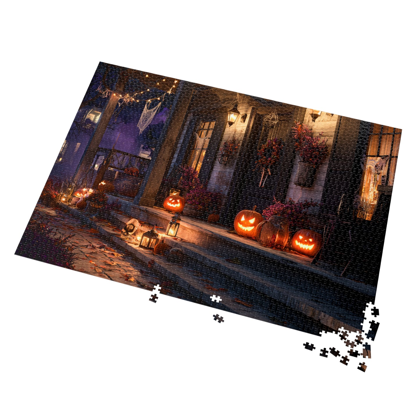 Haunted Halloween Porch Puzzle with Tin, 30, 110, 252, 500, 1000 and 2000-piece variations, Puzzle for Halloween Lovers