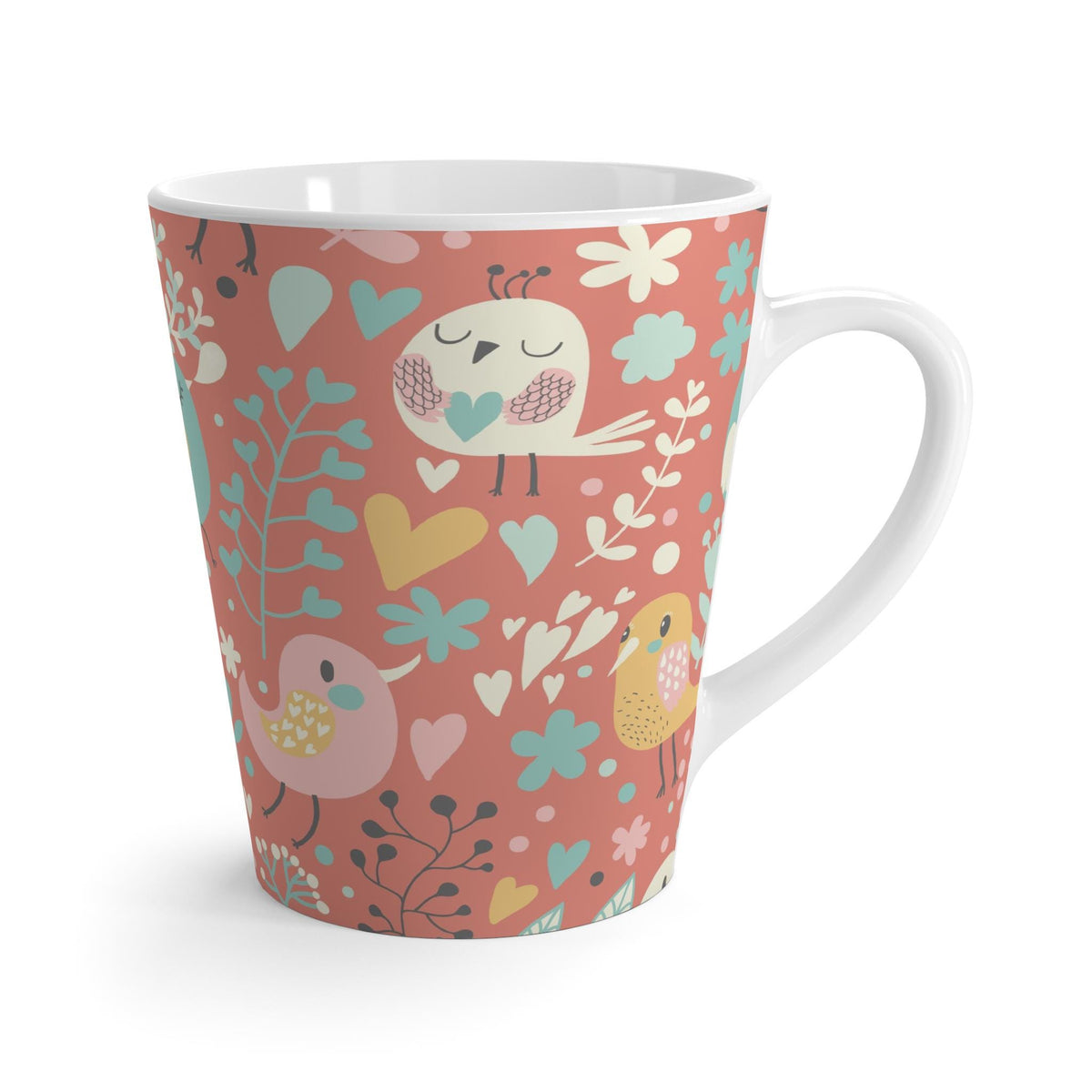 Whimsical Pink Bird Latte Mug - Bird and HeartThemed 12 oz Mug, Cute Gift for Bird Lovers, Floral Art Mug, Coffee Lover Gift