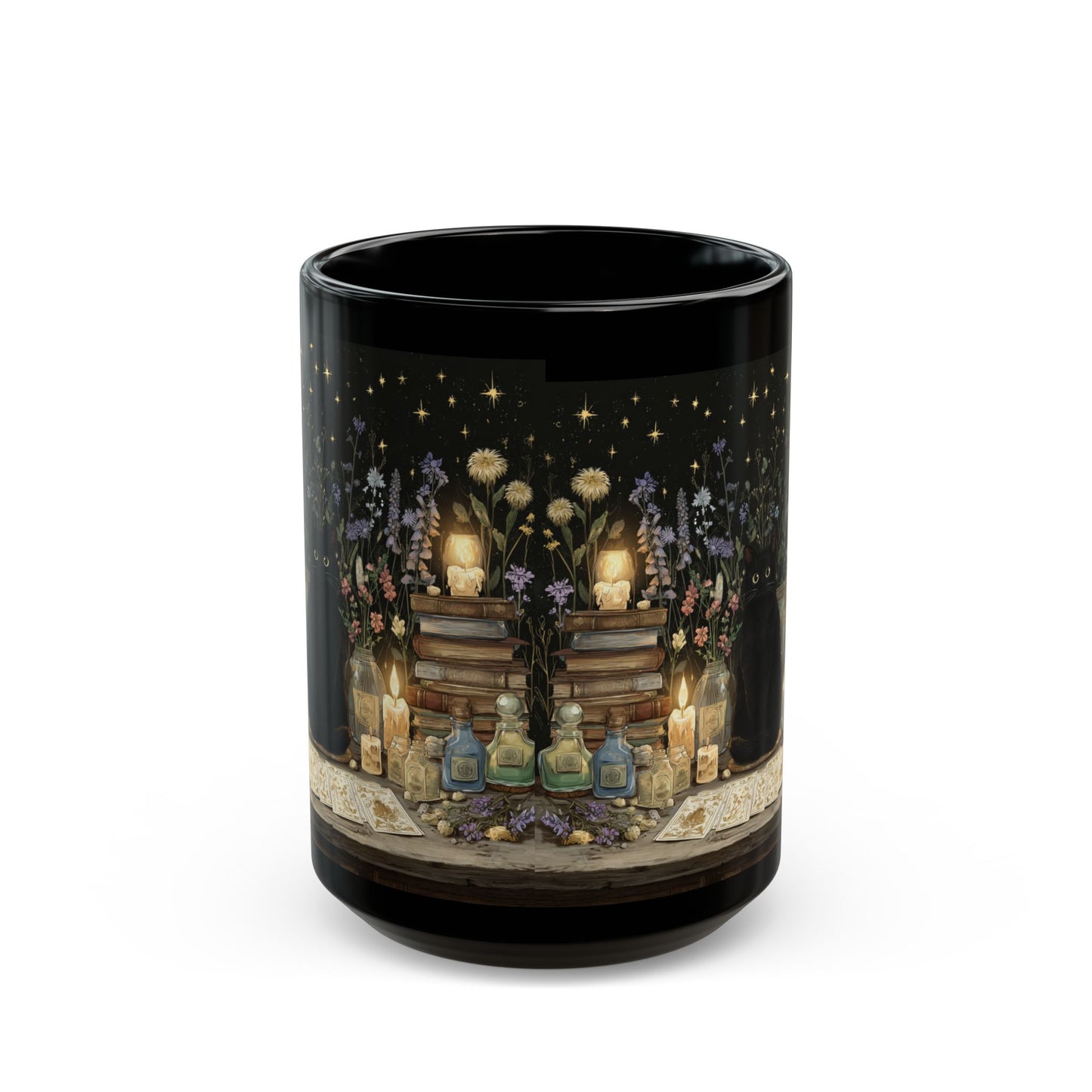 Witchy Black Cat Alchemy Mug — Candlelit Potions & Starry Books (11oz/15oz)
