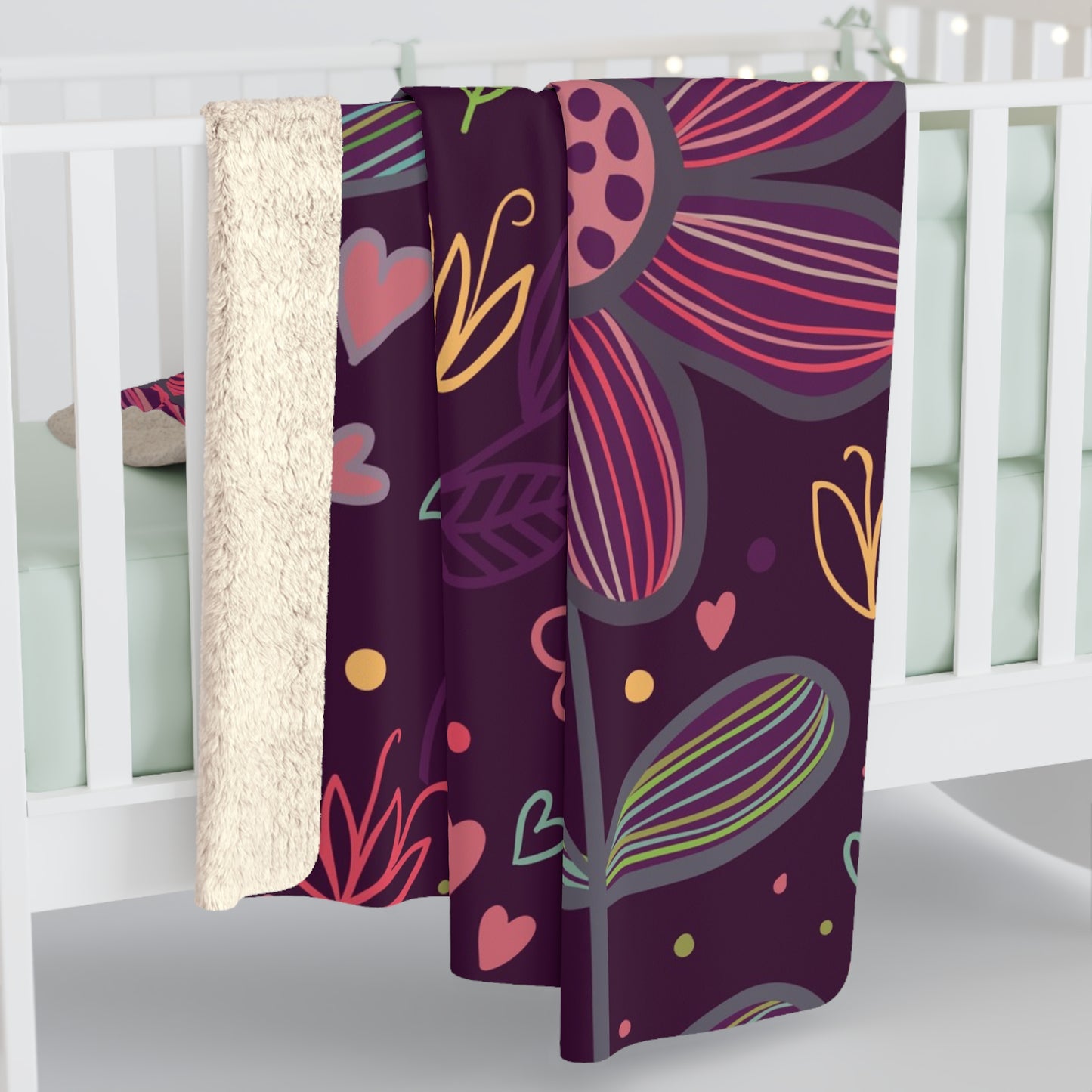 Floral Night Birds Sherpa Fleece Blanket — Cozy Purple Flower & Bird Throw