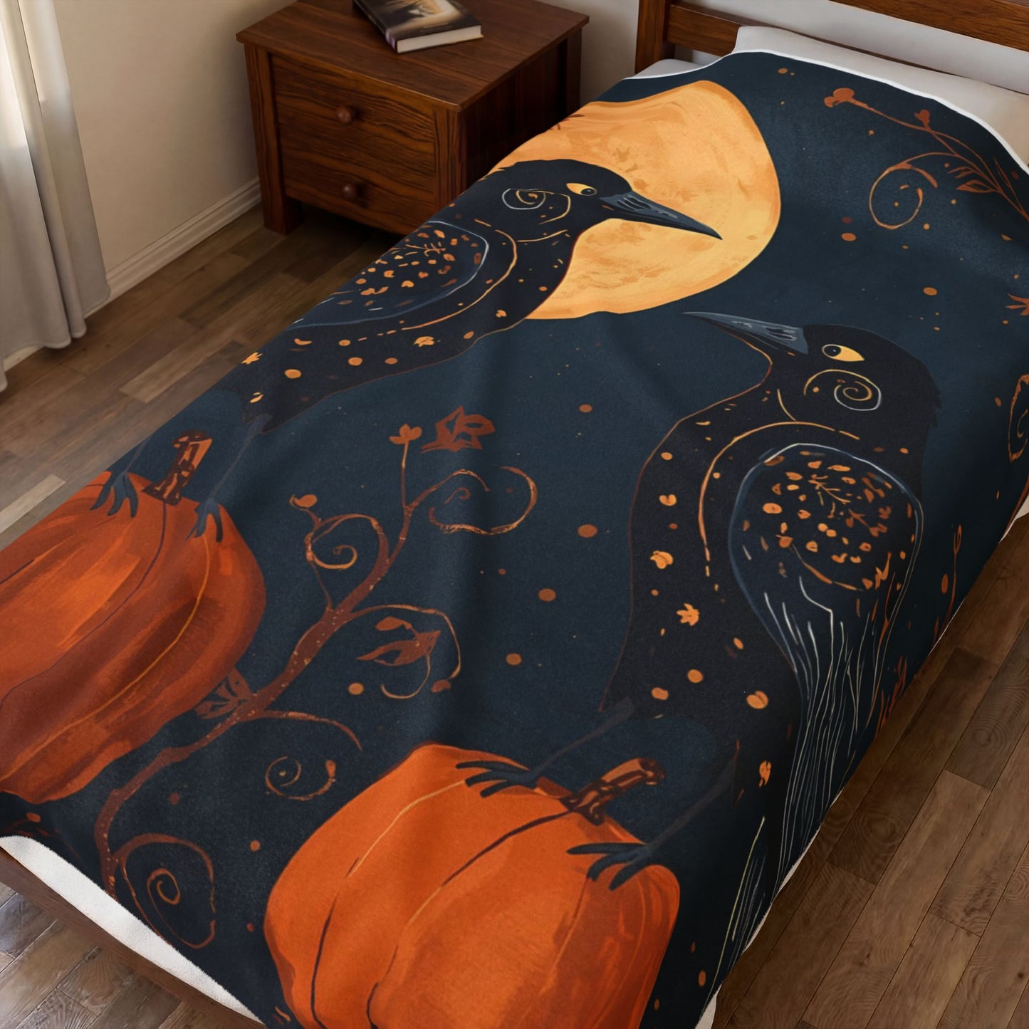 Whimsical Crows with Full Moon Velveteen Plush Blanket | Cozy Fall Throw | Warm Autumn Home Decor | Pumpkin Design