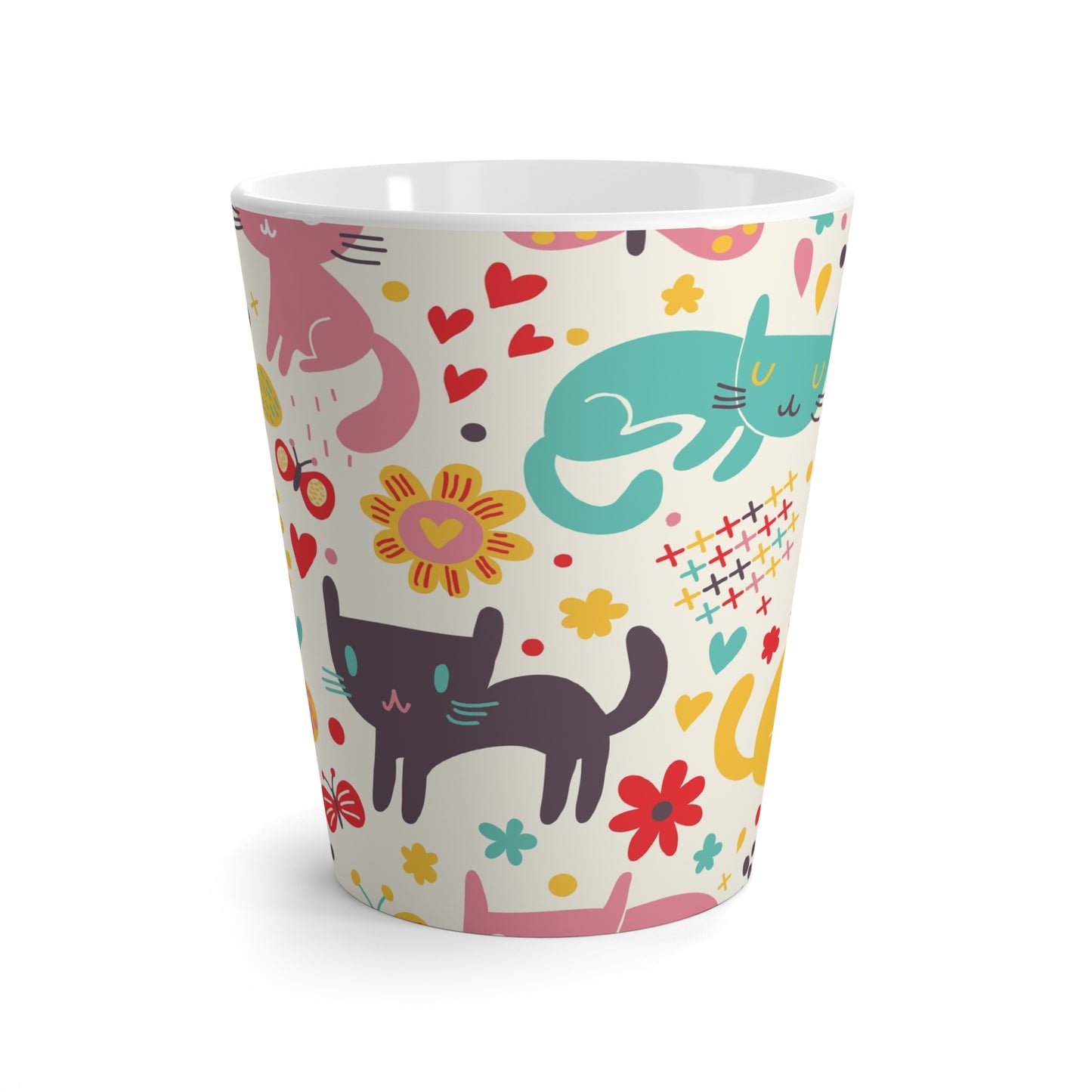 Latte Mug - Colorful Cute Cats & Butterflies Ceramic Coffee Cup