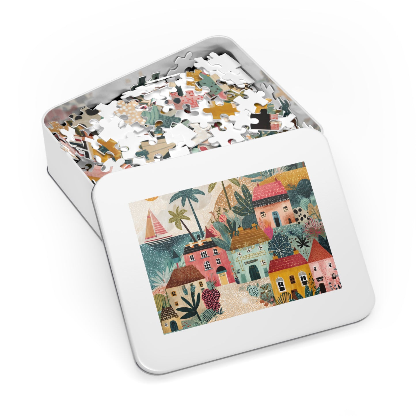 Colorful Coastal Village Jigsaw Puzzle with Tin – Fun Family Activity, Whimsical Folk Art Puzzle, Gift for All Ages
