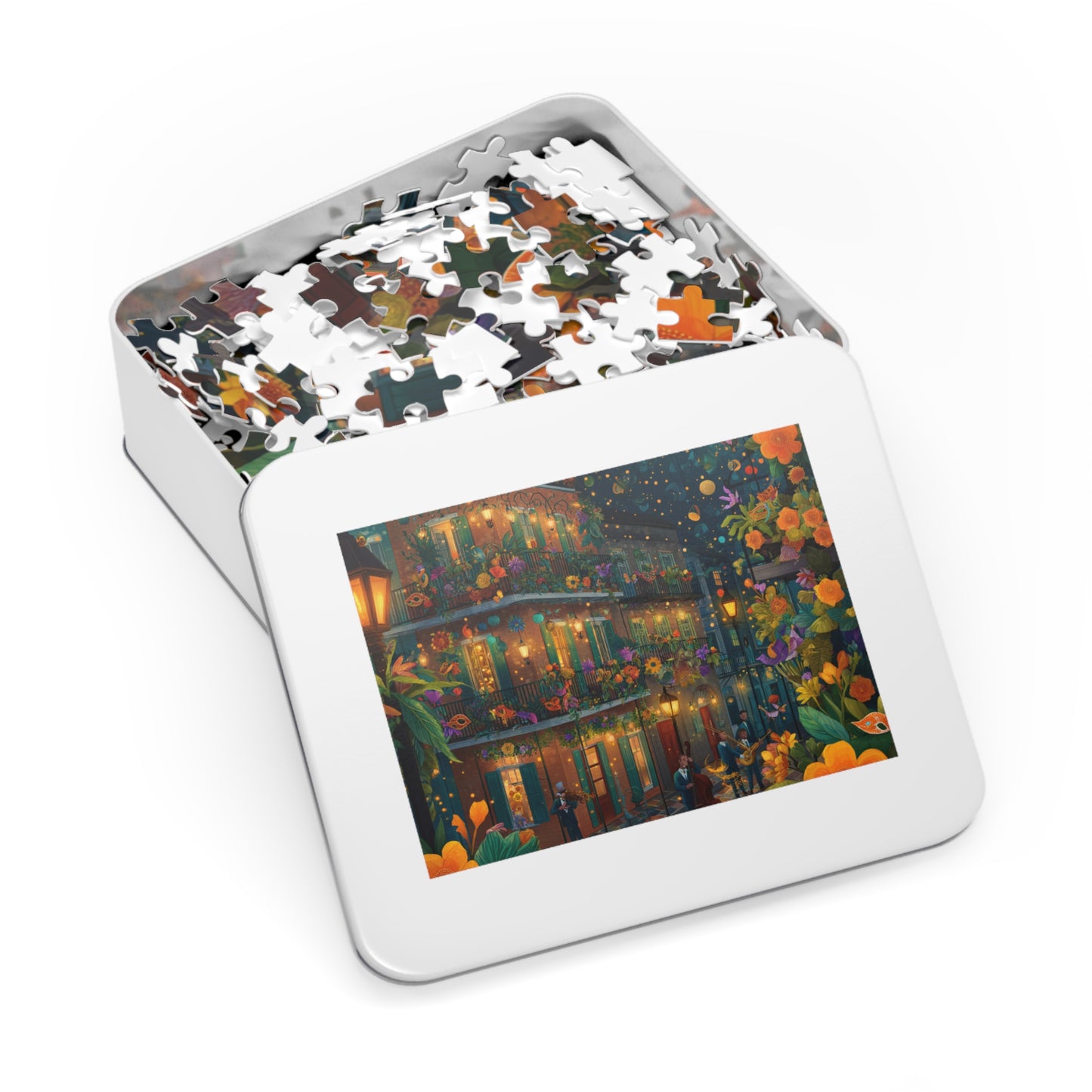 Whimsical New Orleans Jazz Puzzle – A Colorful Night in the Crescent City Jigsaw Puzzle with Tin