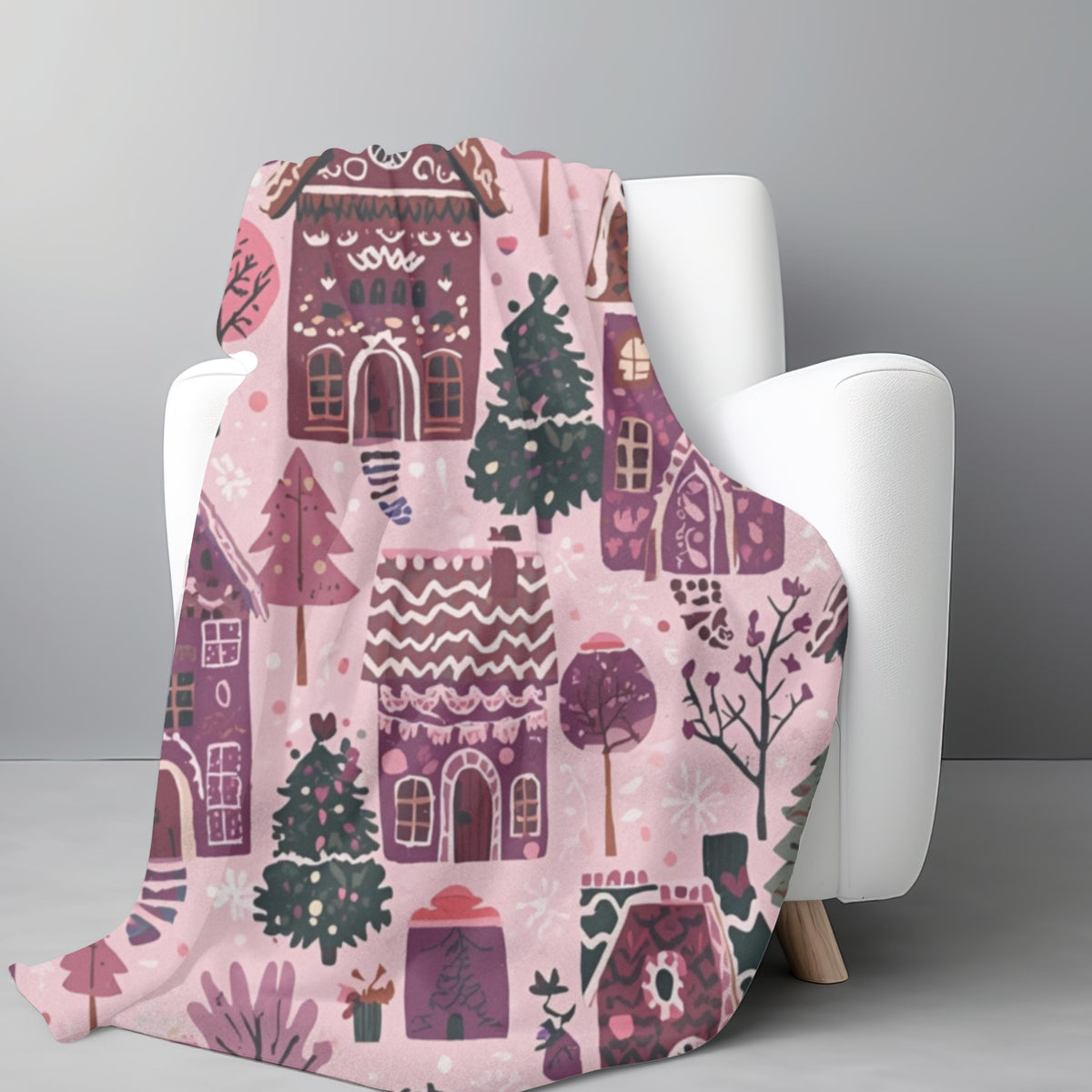 Whimsical Pink Gingerbread House Sherpa Fleece Blanket | Cozy Christmas Throw | Soft Plush Blanket Gift | Sweet Holiday Decor