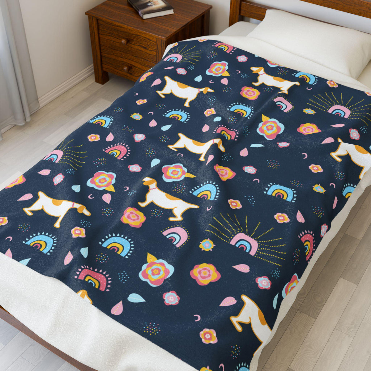Whimsical Dog & Rainbow Velveteen Plush Blanket | Colorful Navy Blue Throw | Playful Home Decor | Warm Fleece