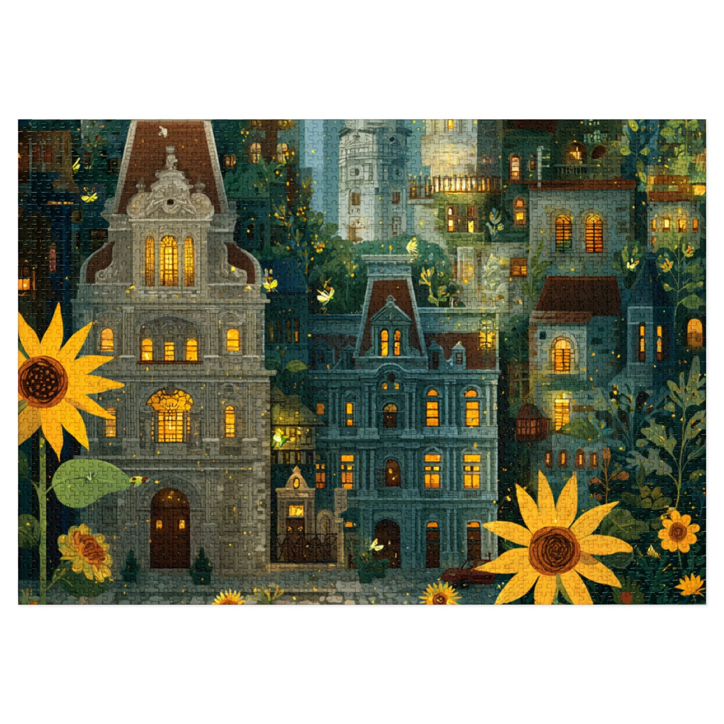 Whimsical Philadelphia Cityscape Sunflower Jigsaw Puzzle with Tin