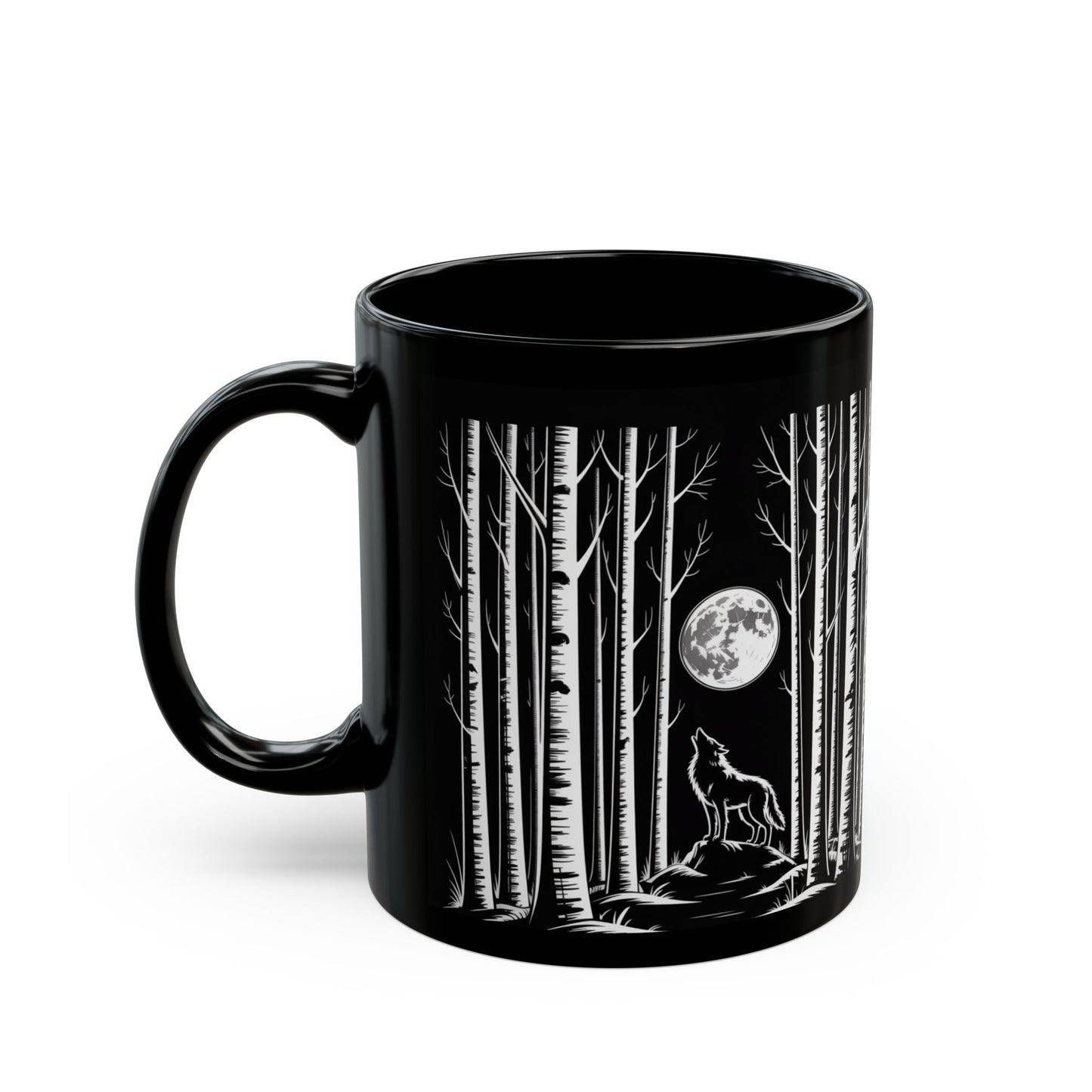 Wolf Howling at the Moon Forest Mug — Black Ceramic Coffee Cup (11oz, 15oz)