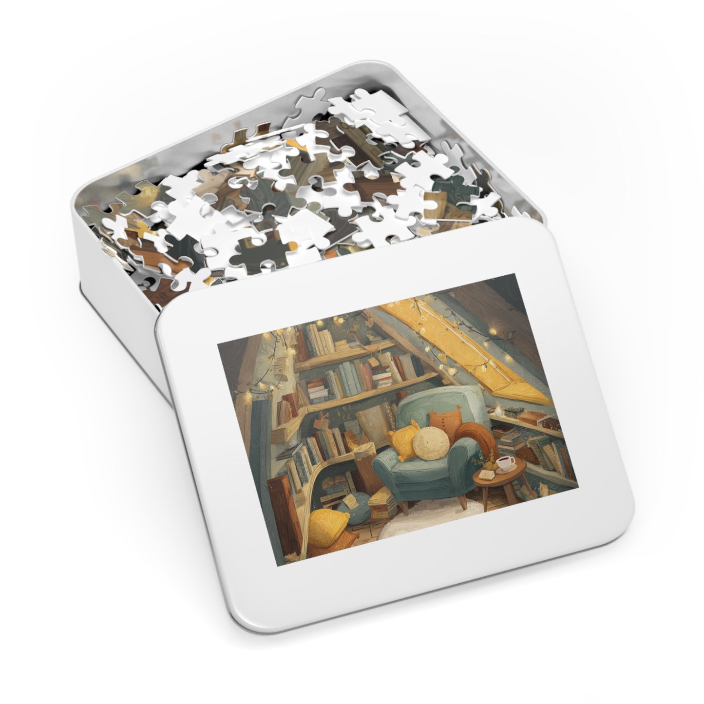 Cozy Reading Nook Jigsaw Puzzle (with Tin) — Warm Attic Books & Tea Scene