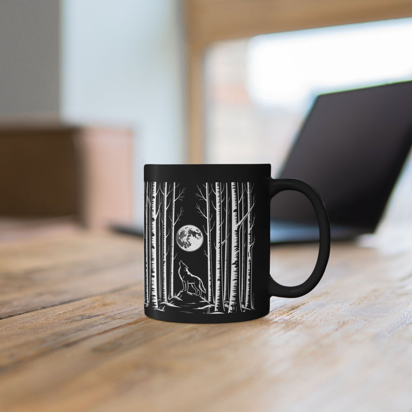 Wolf Howling at the Moon Forest Mug — Black Ceramic Coffee Cup (11oz, 15oz)