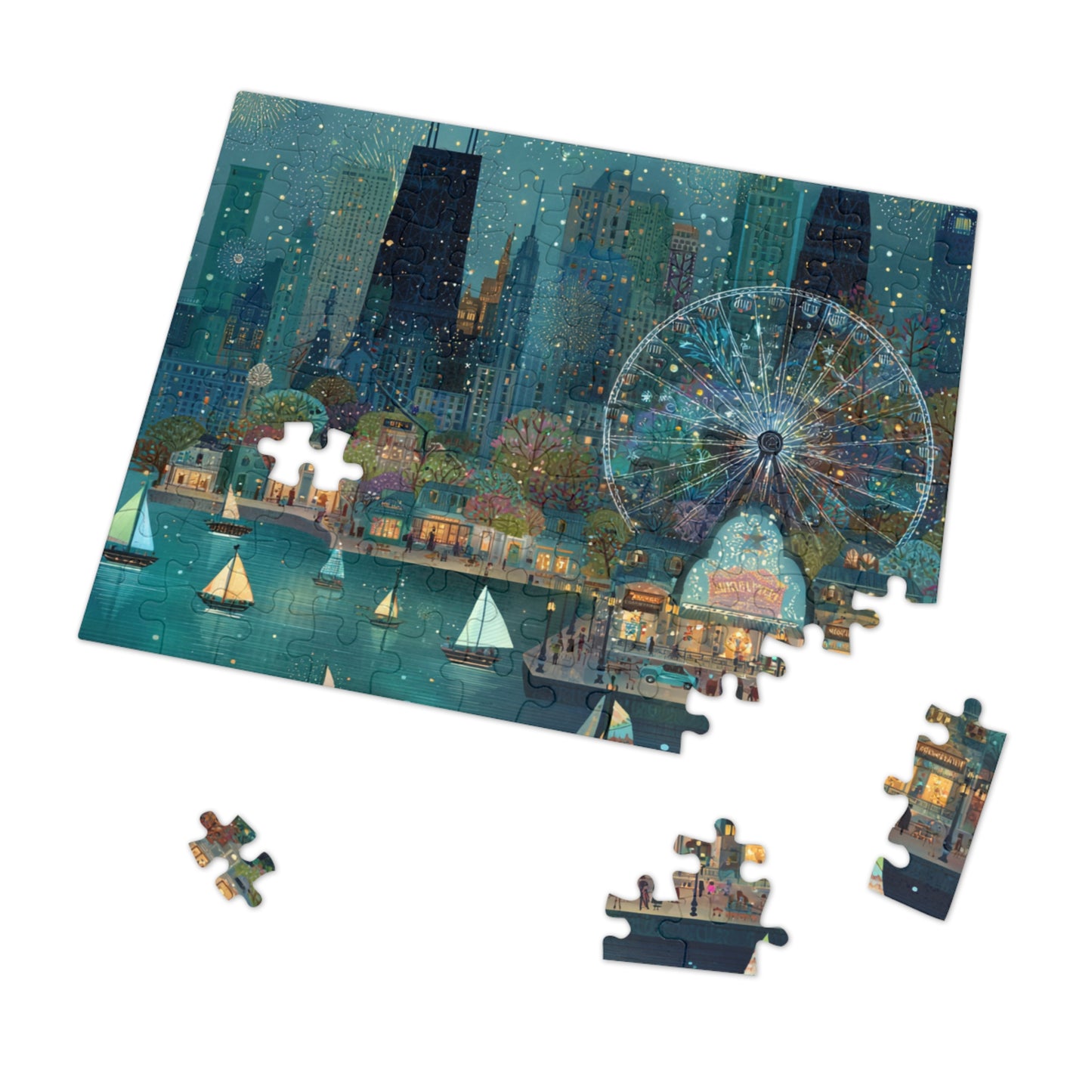 Seattle Waterfront Whimsical Jigsaw Puzzle with Tin