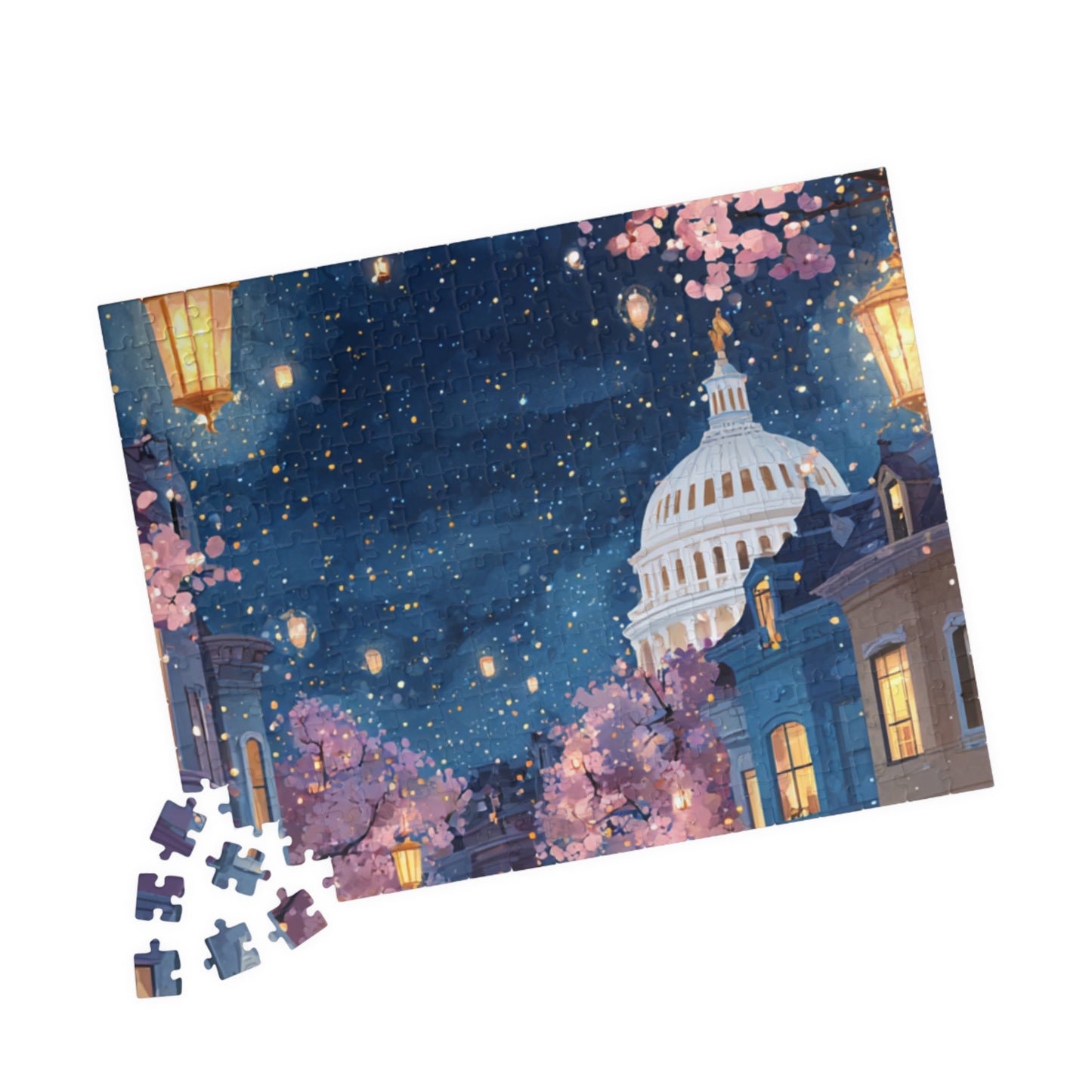 Cherry Blossom Night Skyline Puzzle — Washington Capitol Evening Jigsaw (110–1014 pcs)