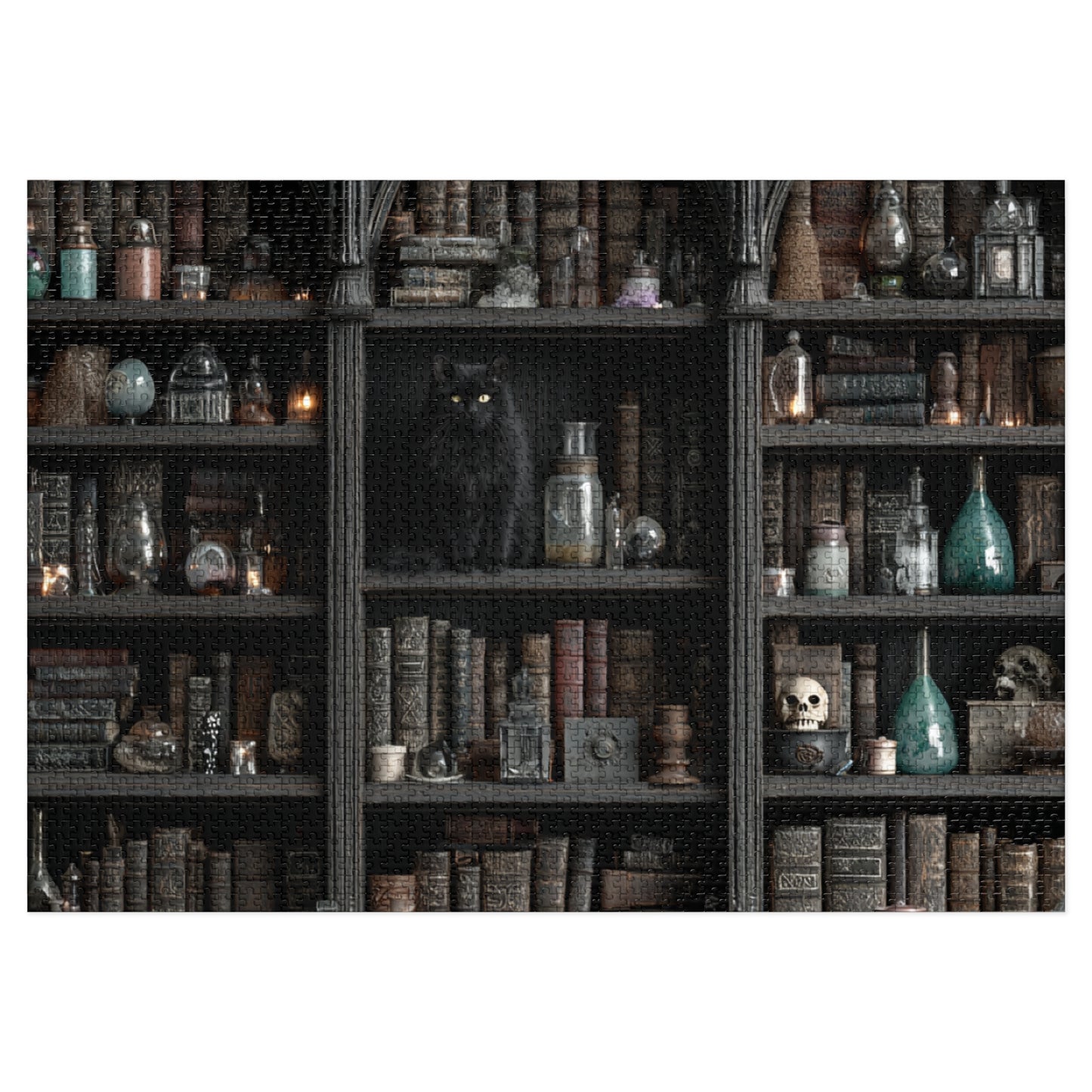 Witchs Shadowy Library Puzzle with a Black Cat, Spellbooks and Enchanted Tomes, Jigsaw Puzzle with tin,  Halloween Gift Idea