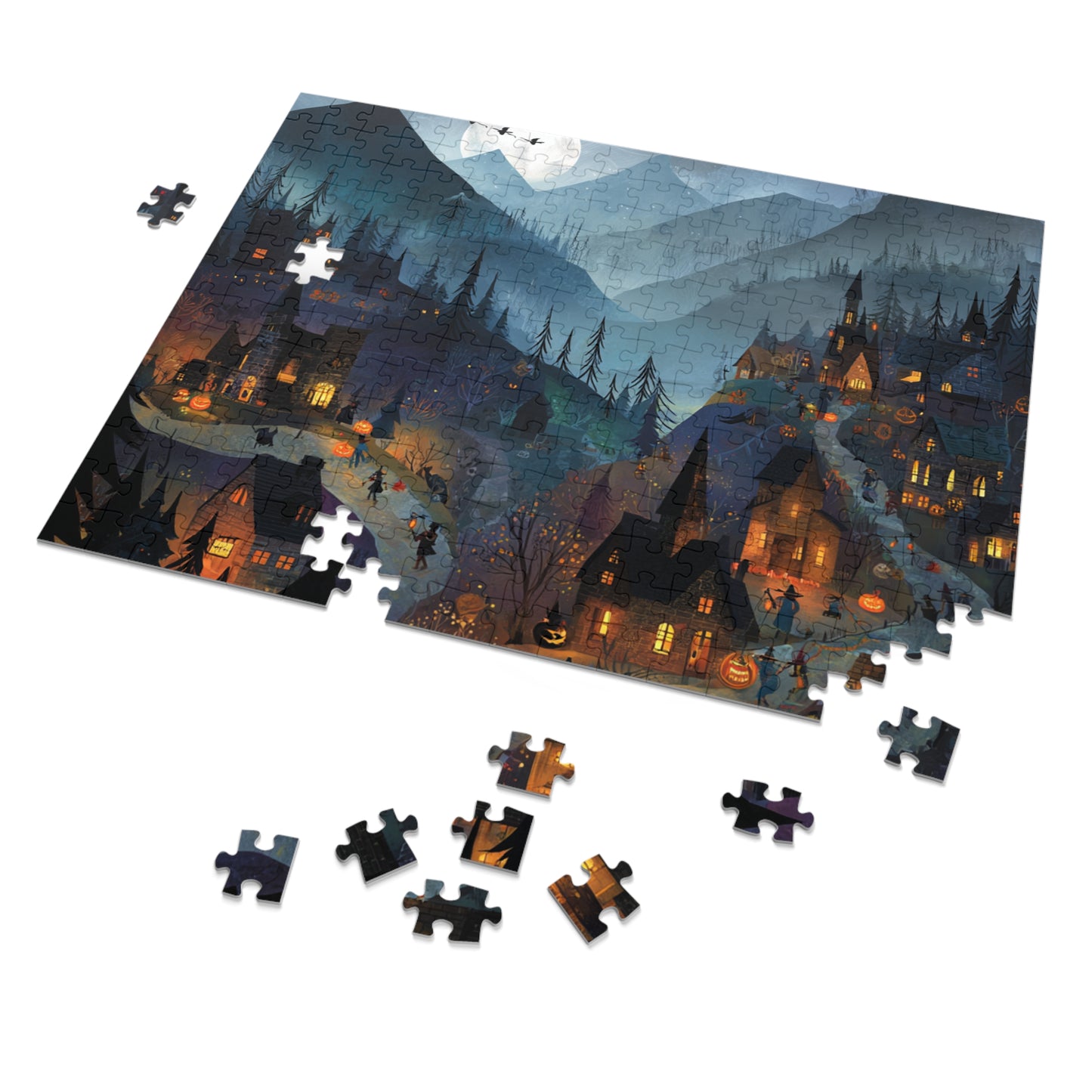 Haunted Mountain Town Puzzle, Spooky Halloween Streets and Eerie Nightscape Jigsaw Puzzle with Tin, Halloween Puzzle