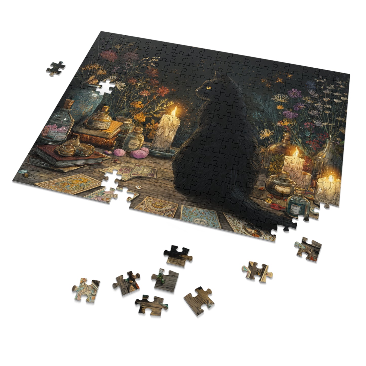Mystical Black Cat Puzzle,  Enchanted Tarot, Candles & Herbs Jigsaw Puzzle in Gift Tin - Mystical Vibes, Halloween Gift. Gothic Gift