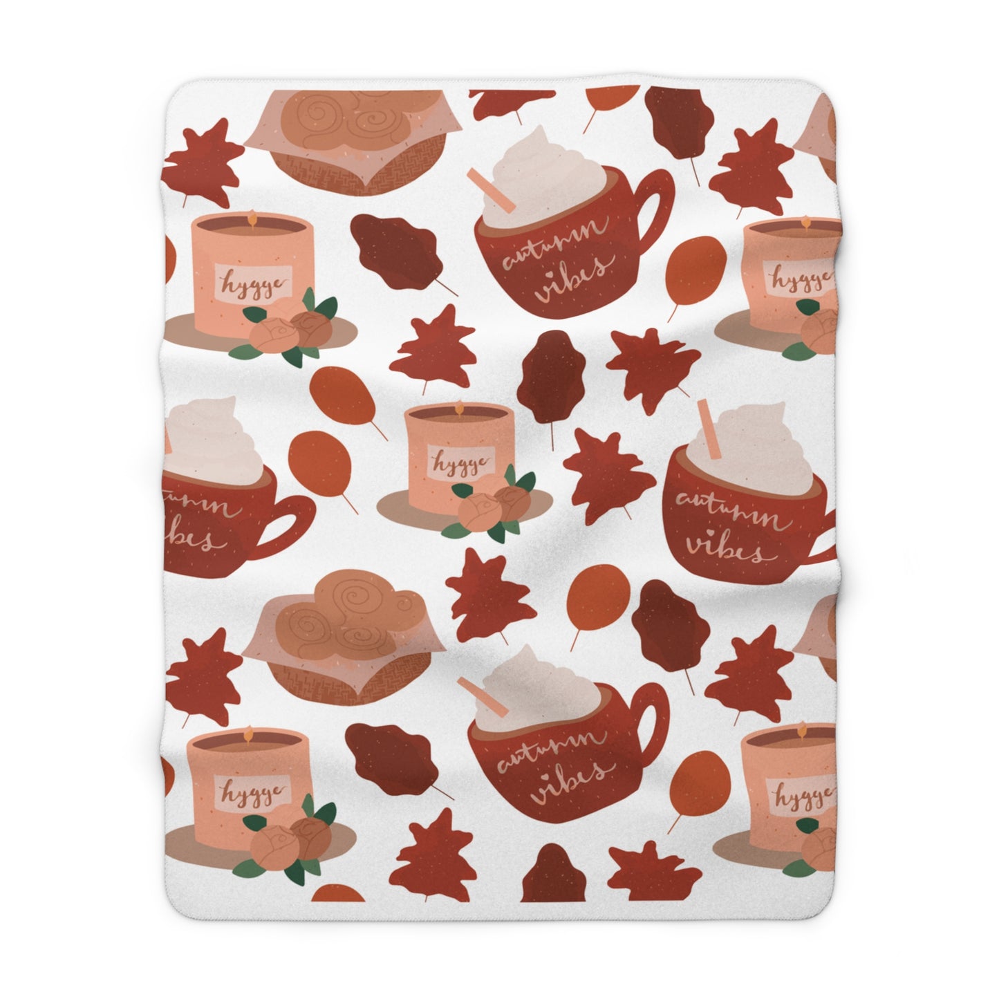 Autumn Vibes Hygge Sherpa Fleece Blanket | Cozy Fall Throw | Coffee & Leaves Design | Soft Plush Blanket Gift for Her