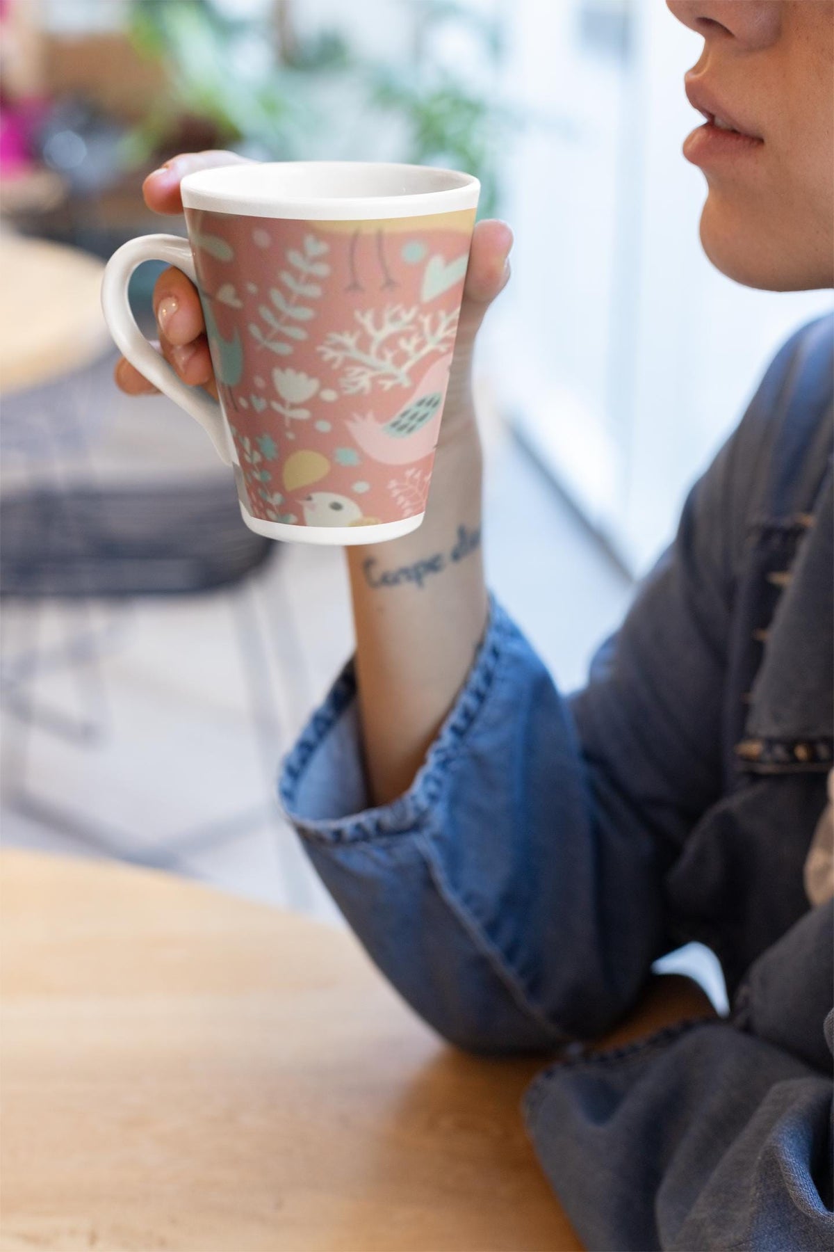 Whimsical Pink Bird Latte Mug - Bird and HeartThemed 12 oz Mug, Cute Gift for Bird Lovers, Floral Art Mug, Coffee Lover Gift